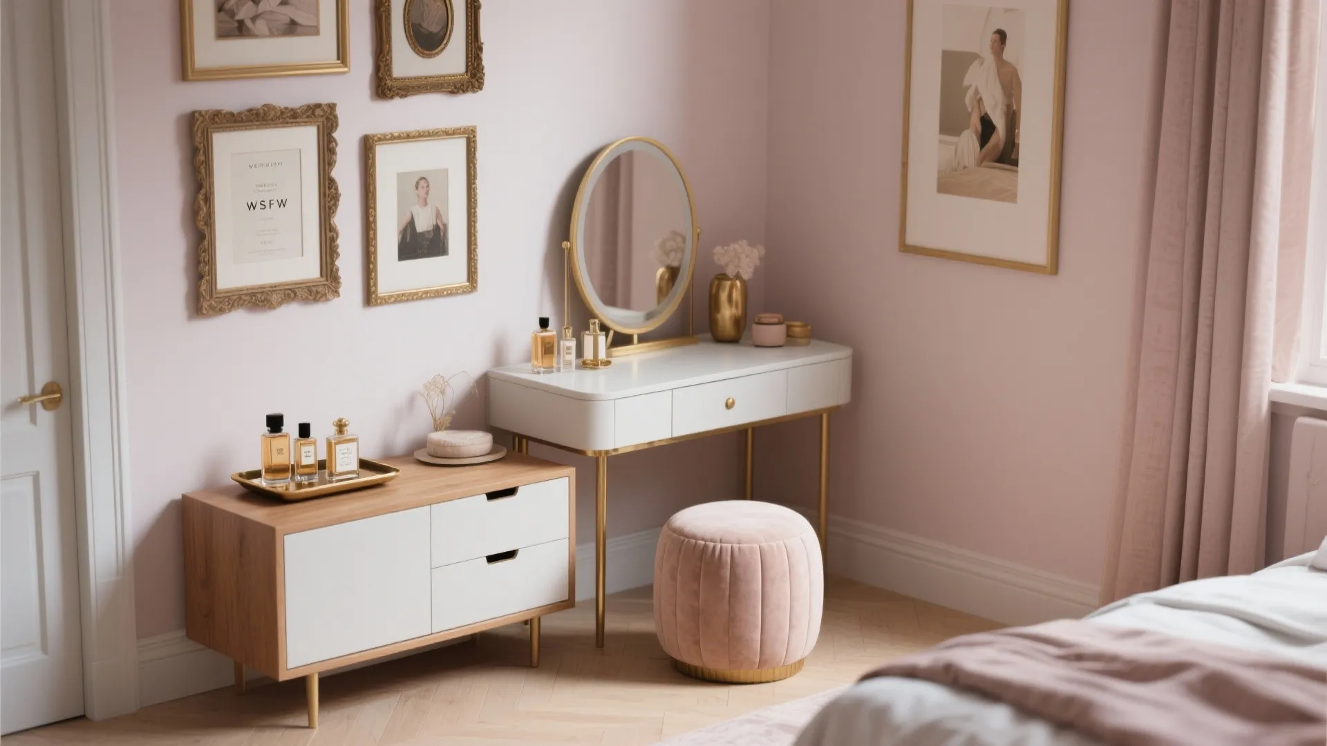 Pink bedroom corner featuring white dressing table round mirror gold accents and a pink footrest