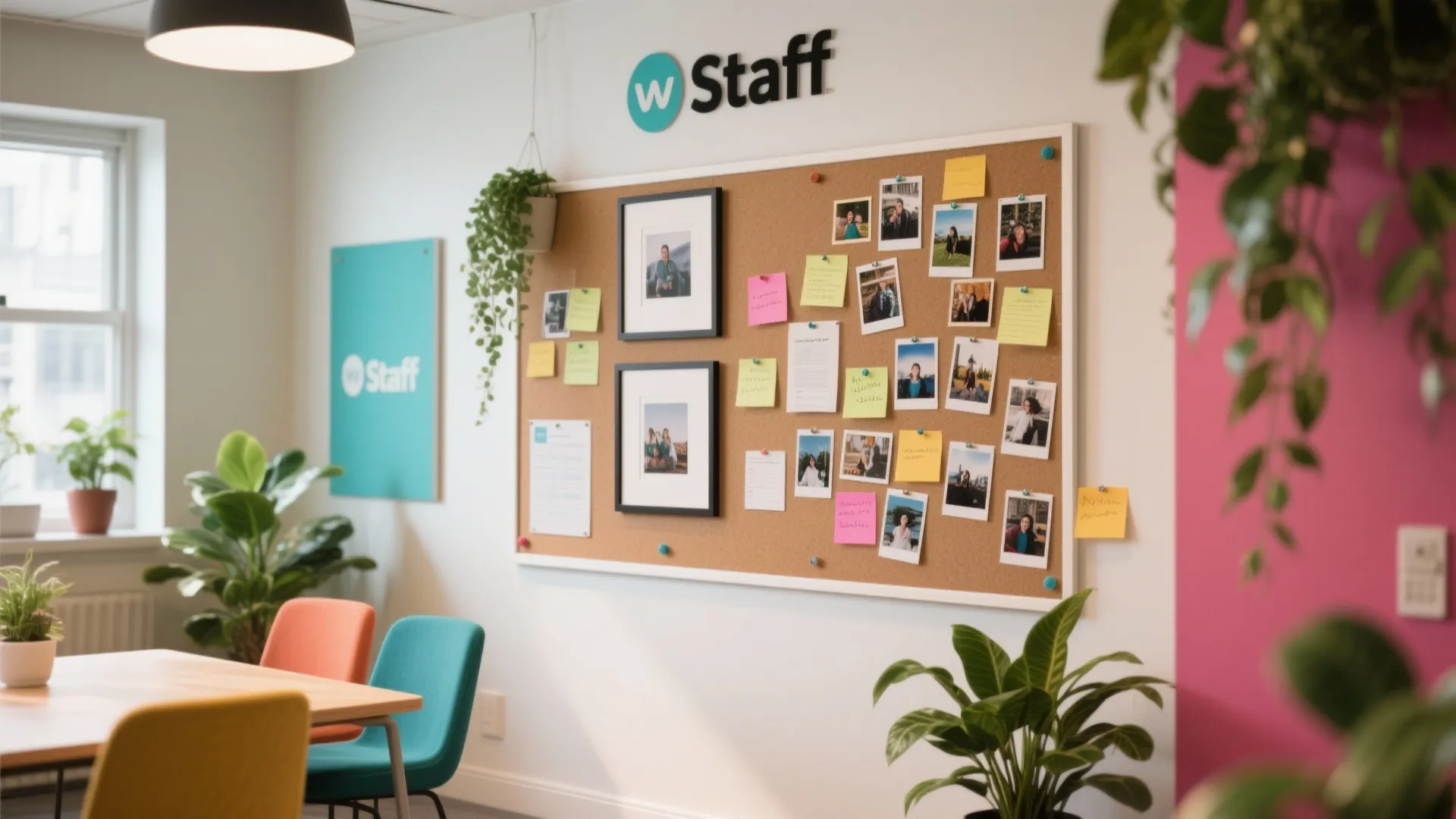 Personalized wall with photos and notes in a staff room