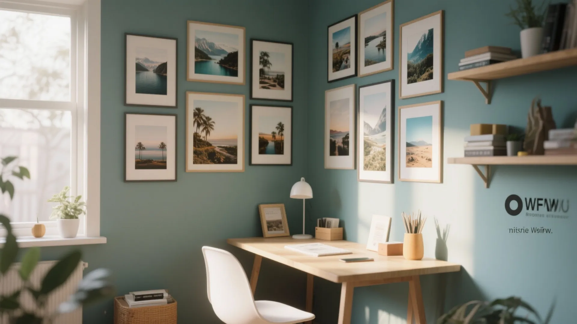 Home office with gallery wall of framed pictures green walls wooden desk and white chair