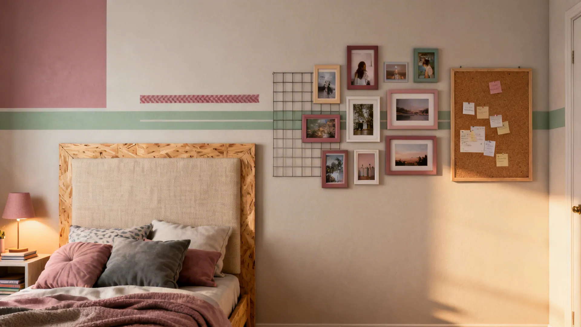 Teen bedroom wall with a gallery grid, peel-and-stick mural, and fabric DIY headboard.