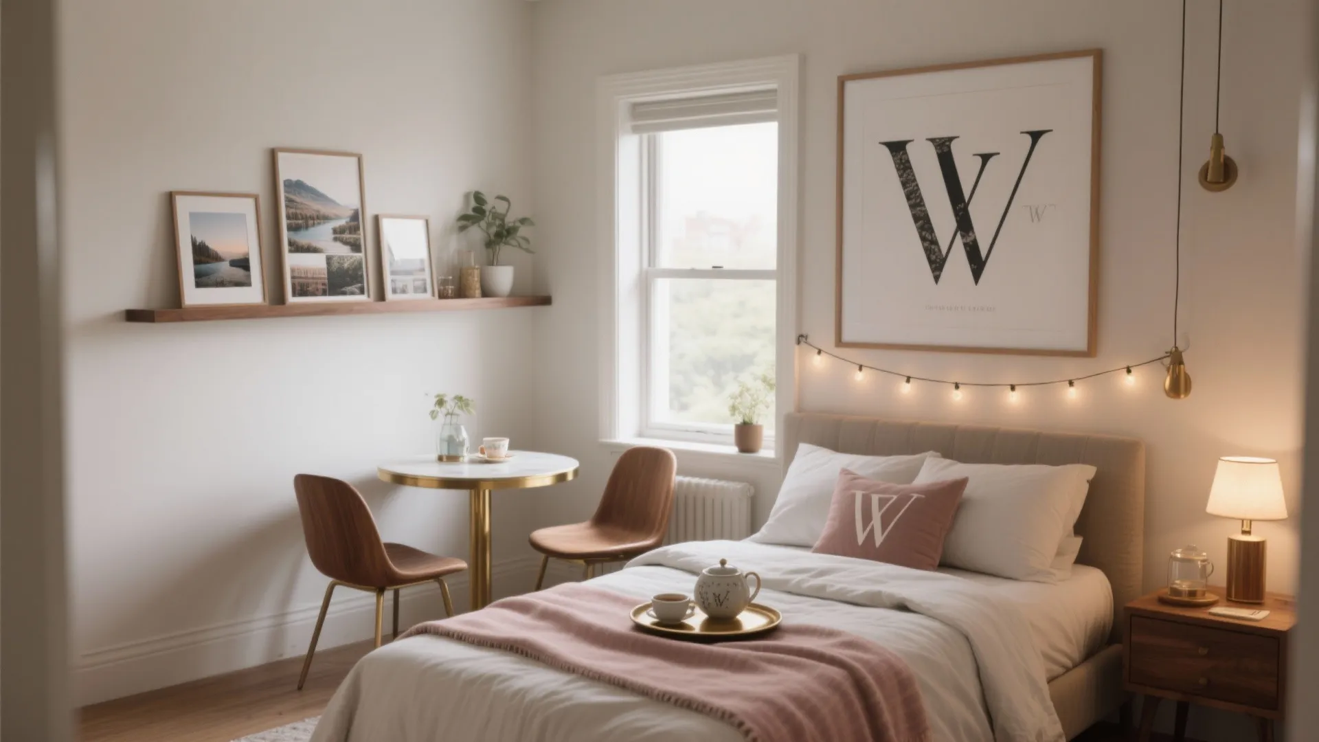 Cozy studio room with bed small dining table two chairs wooden wall shelf and natural light