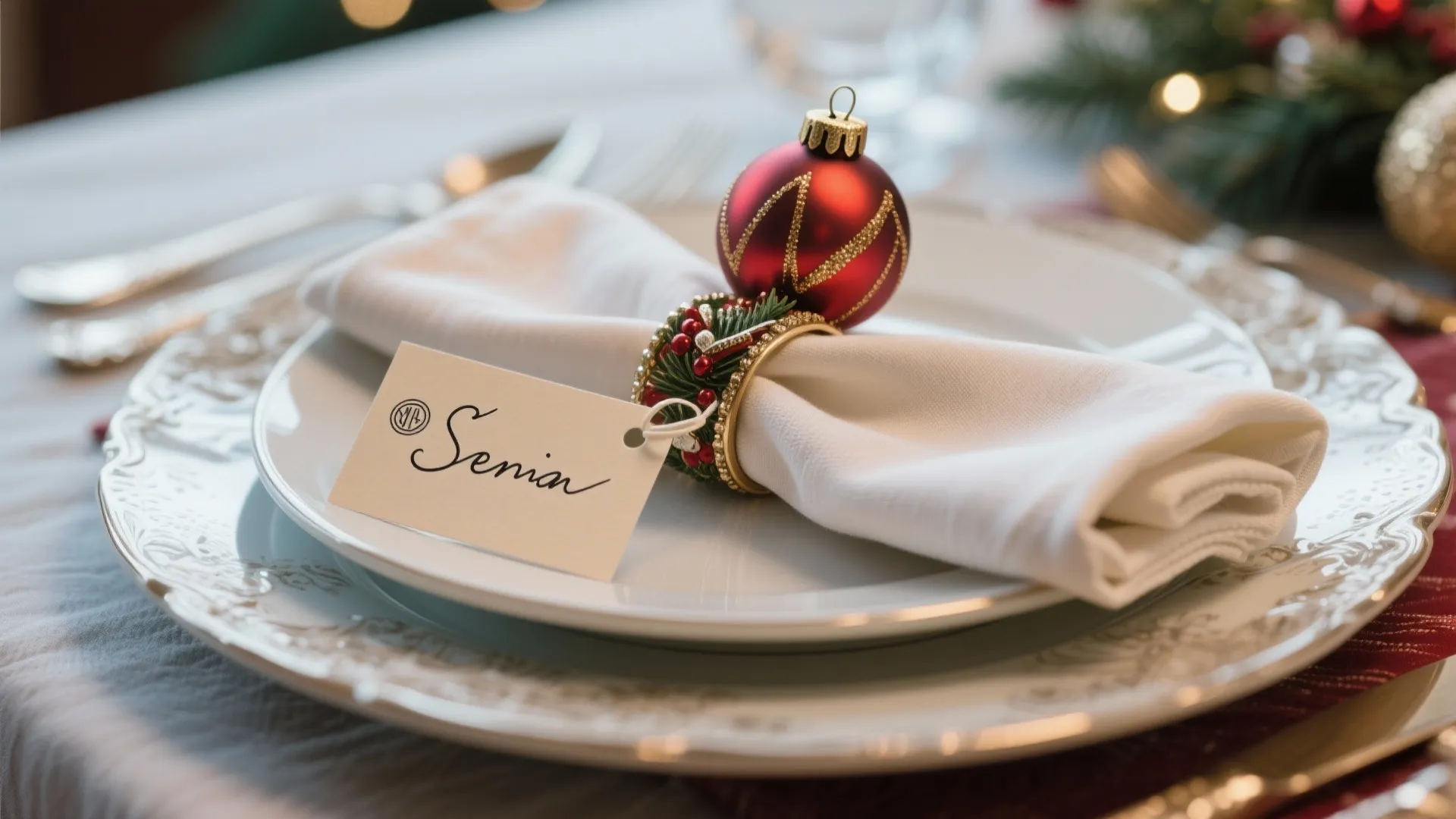 Holiday table setting featuring white plate napkin with red ornament and handwritten name place card