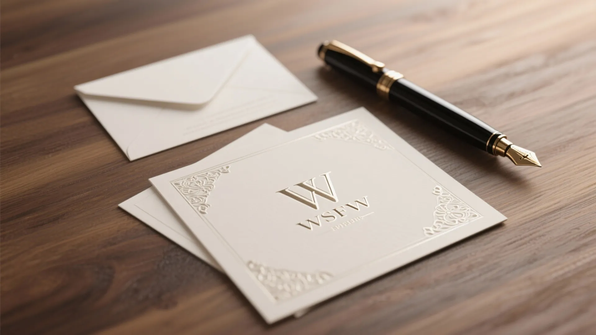 White stationery set with logo cards and envelope next to black fountain pen on wood