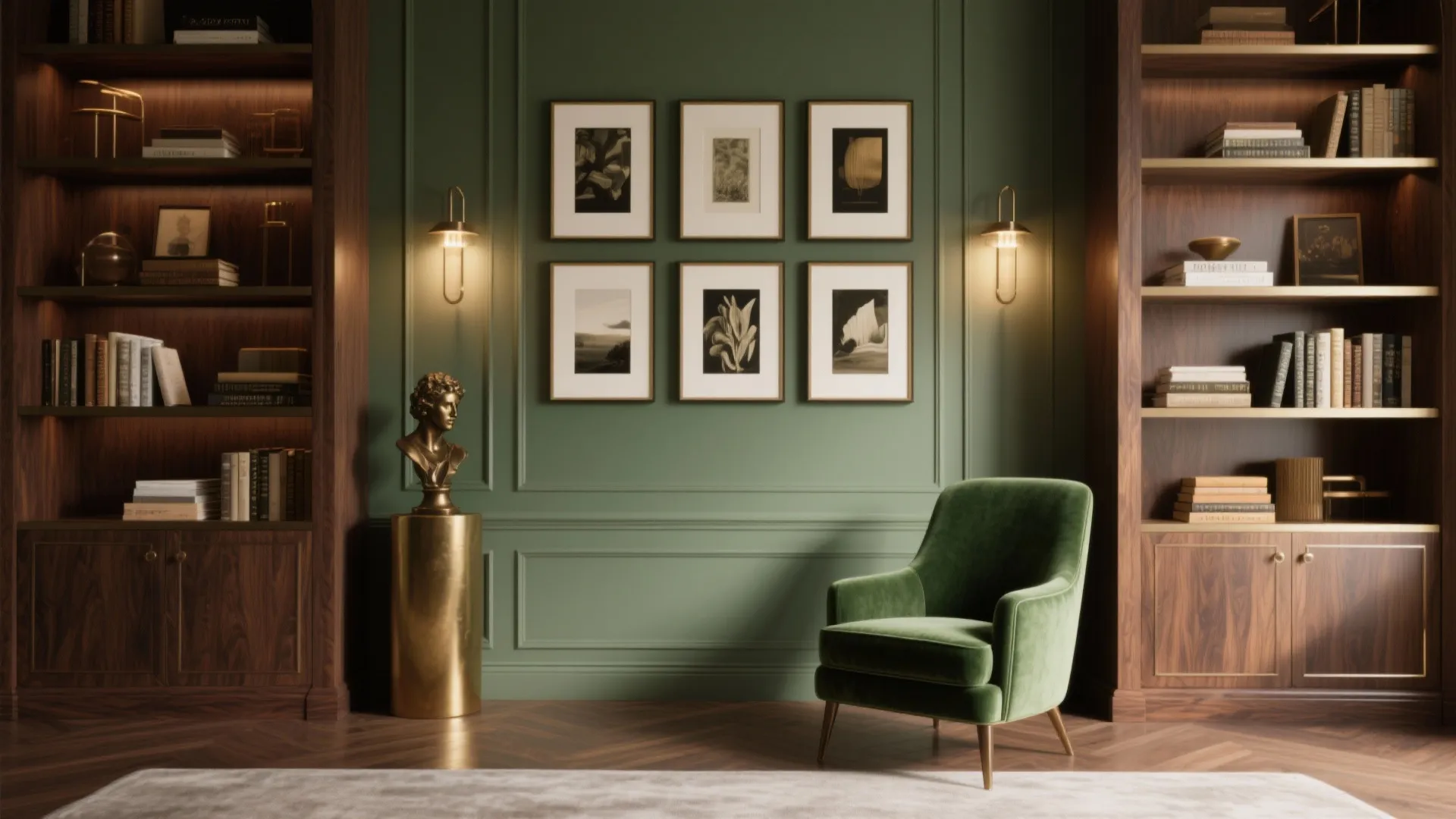 Green wall panel with art frames green armchair wooden cabinets wall light and warm lighting
