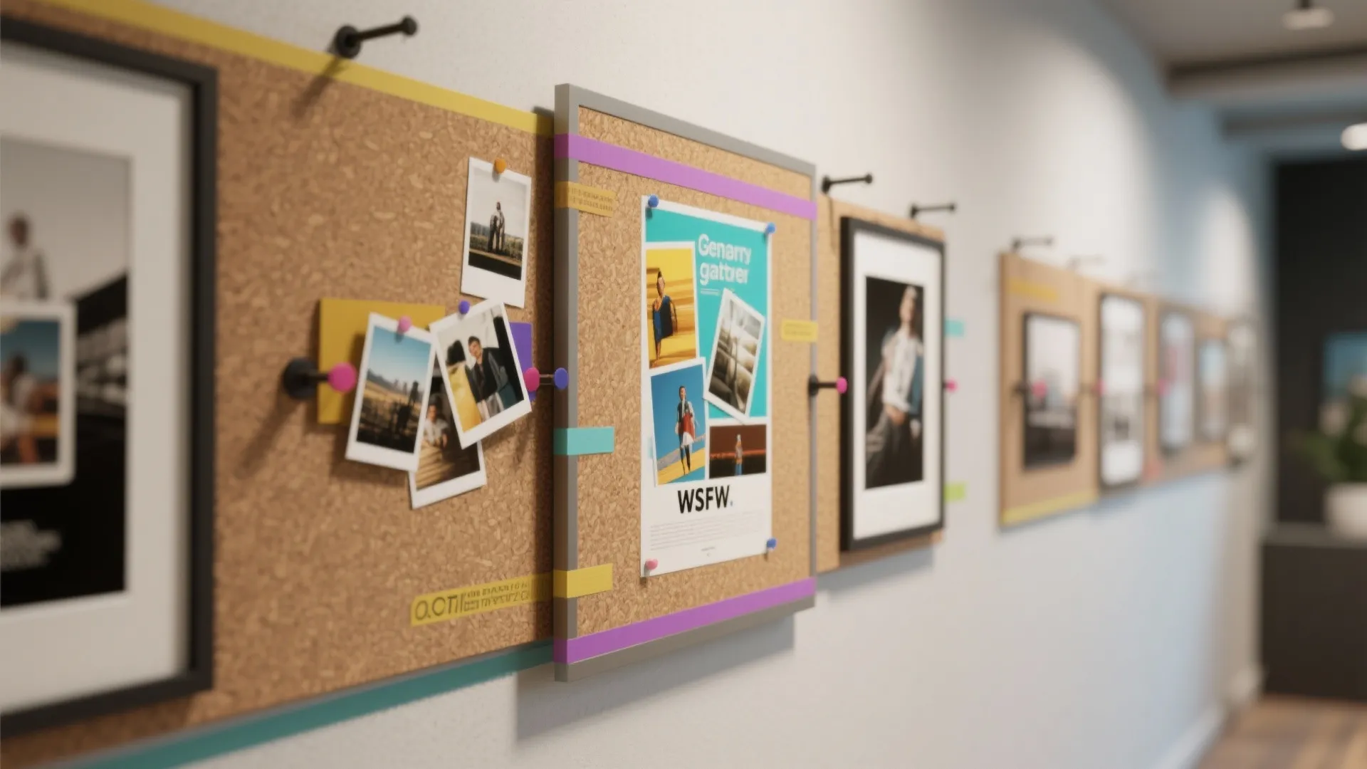 Row of cork boards with pinned photos and posters hanging on a clean white wall