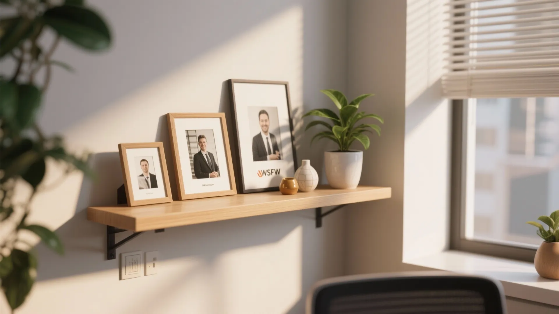 Shelf with personal items in a shared office space