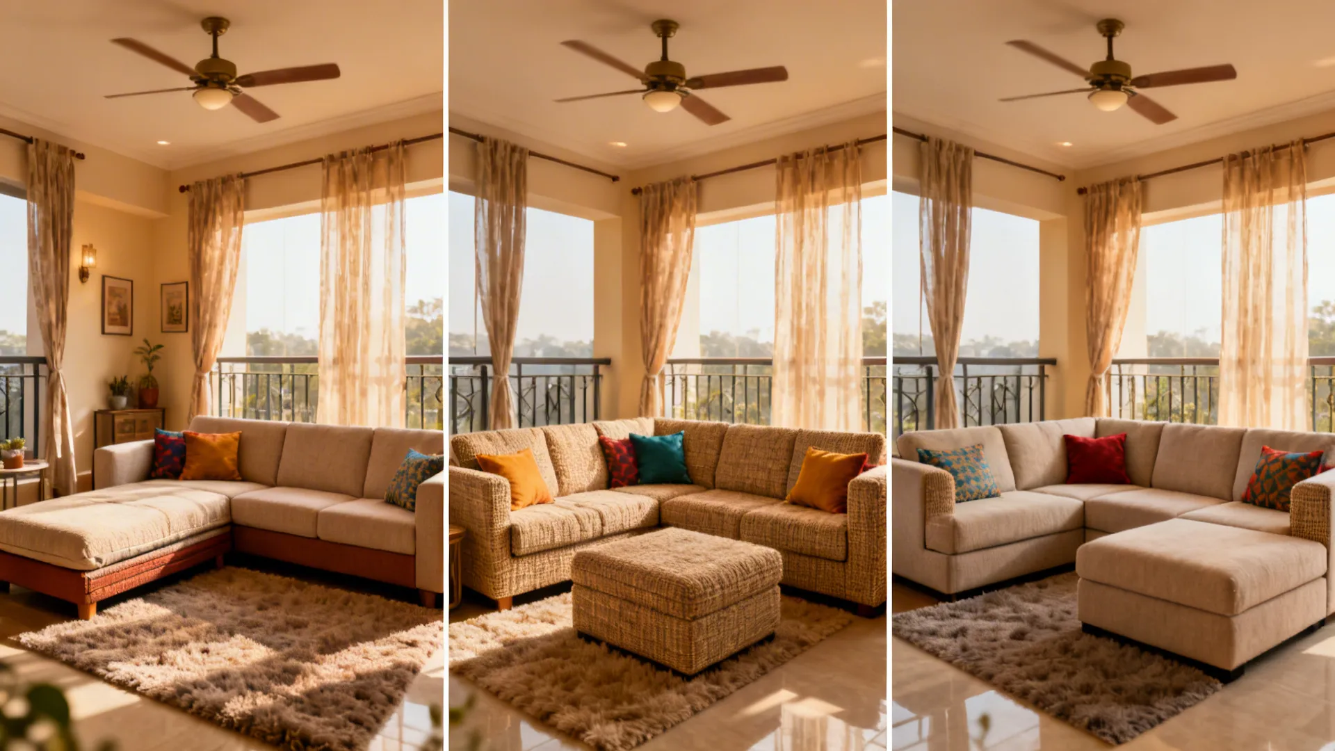 Three L-shaped sofa setups for joint families, pet parents, and renters in one Indian living room.