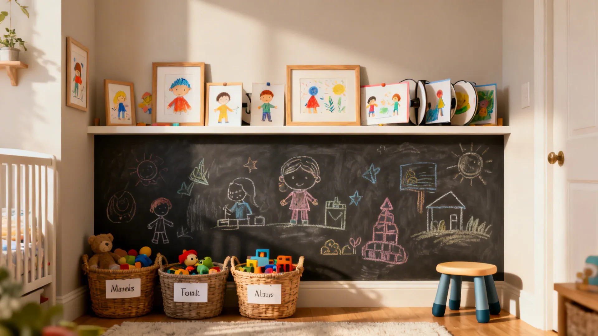 Dedicated child personalization area with chalkboard wall and framed artwork