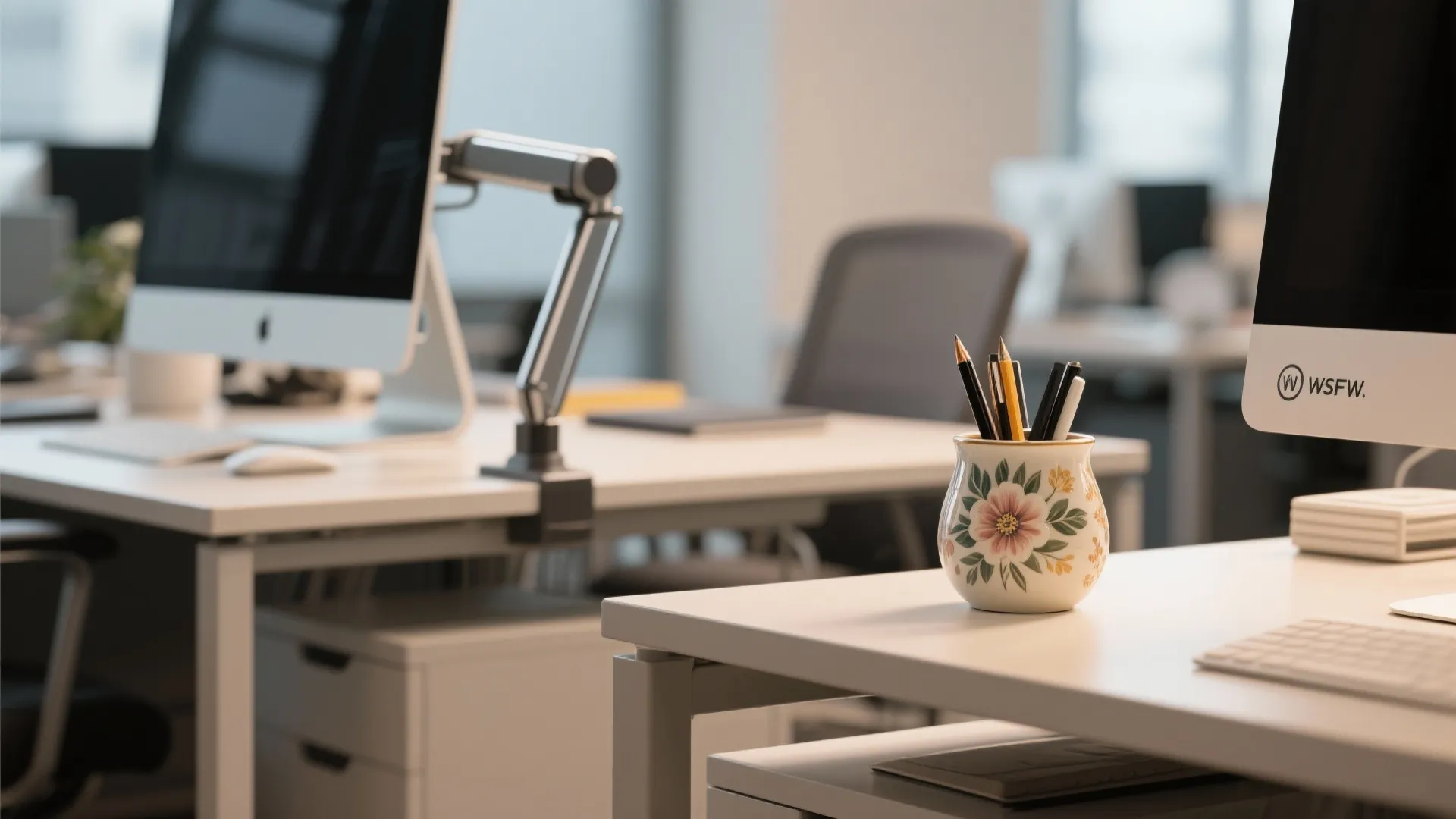Contrasting desk accessories showing his and hers styles