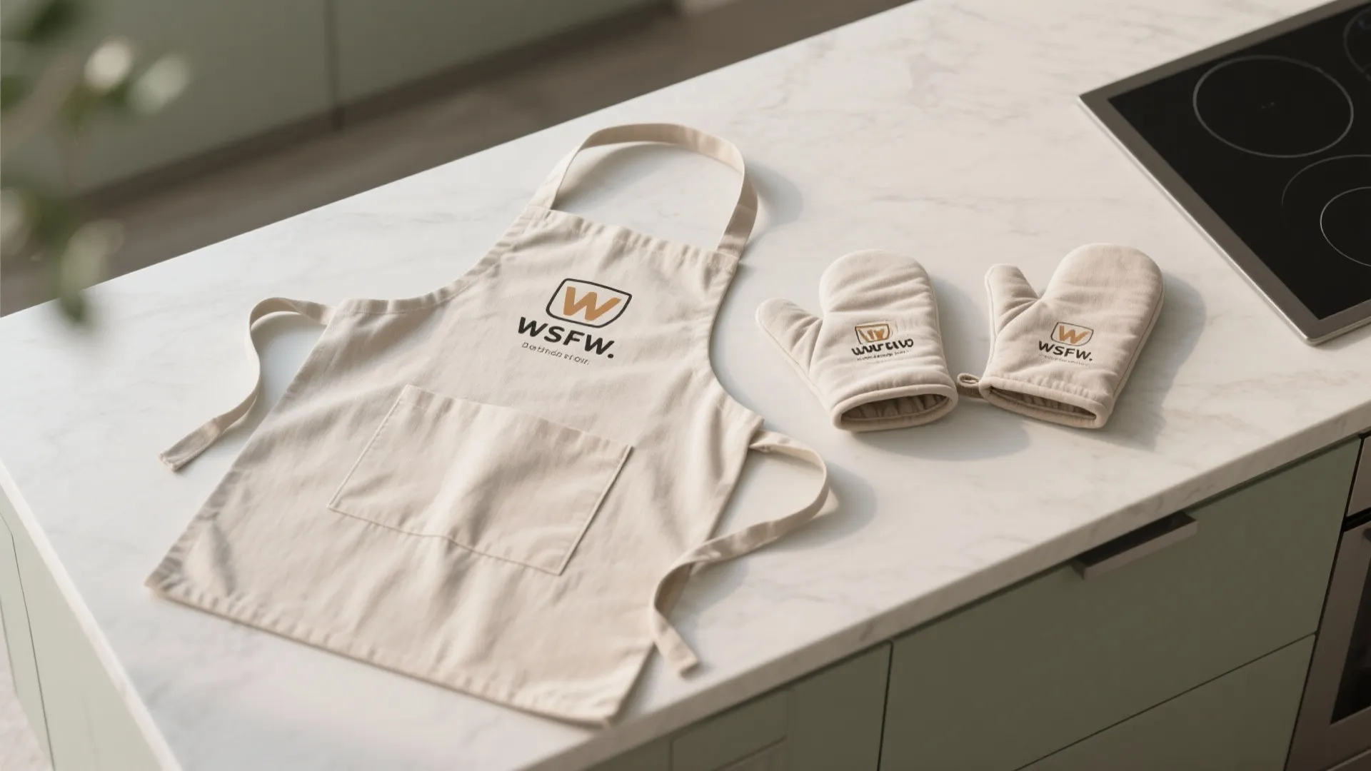 Beige kitchen apron and matching oven mitts placed on a white marble countertop near stove