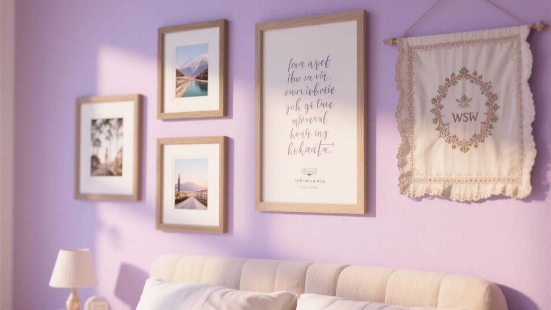Purple bedroom wall decorated with several framed pictures and a small white decorative wall hanging