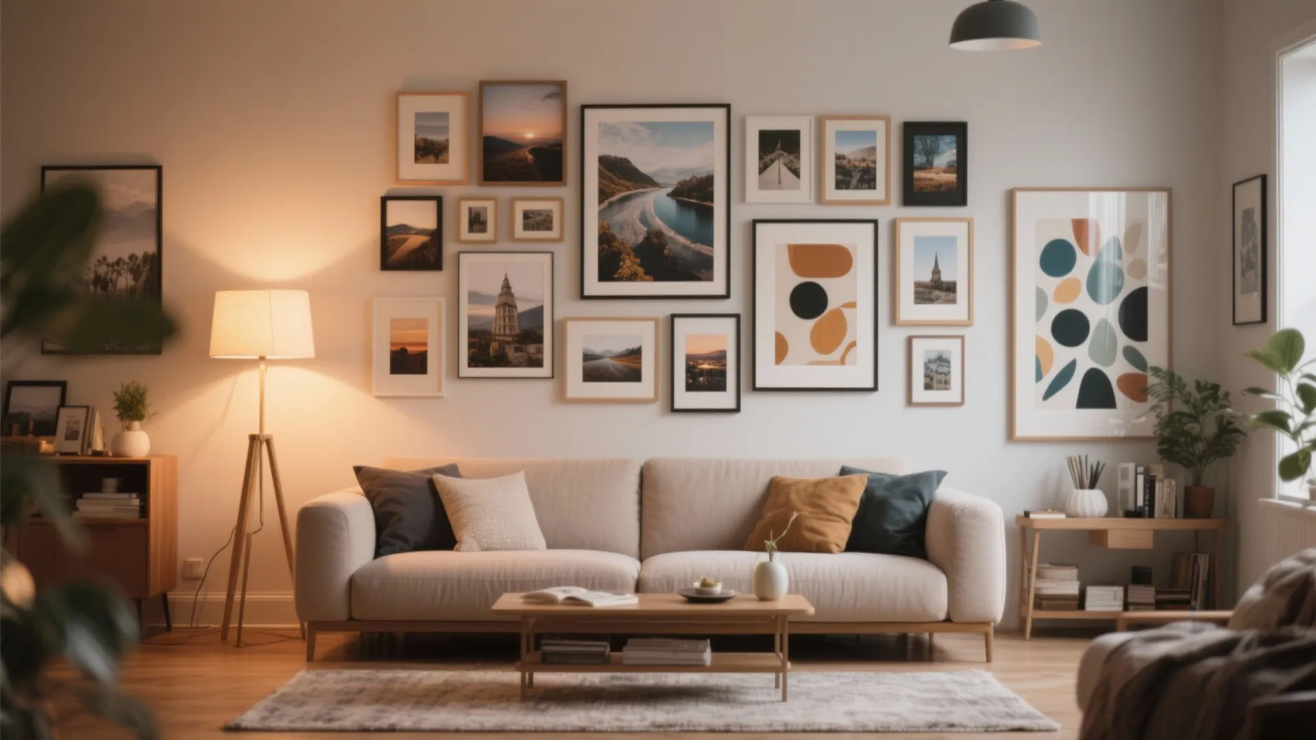 Living room featuring a large gallery wall with many framed pictures above a cream sofa