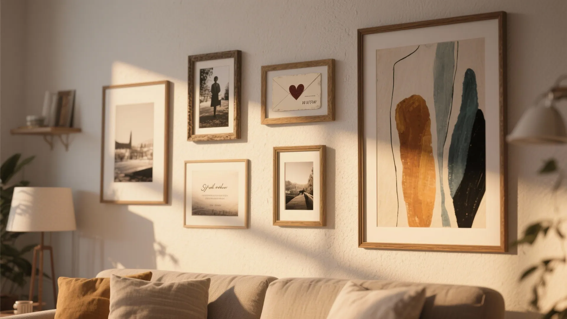 Gallery wall with multiple framed art prints and photos hanging above a sofa in sunlight