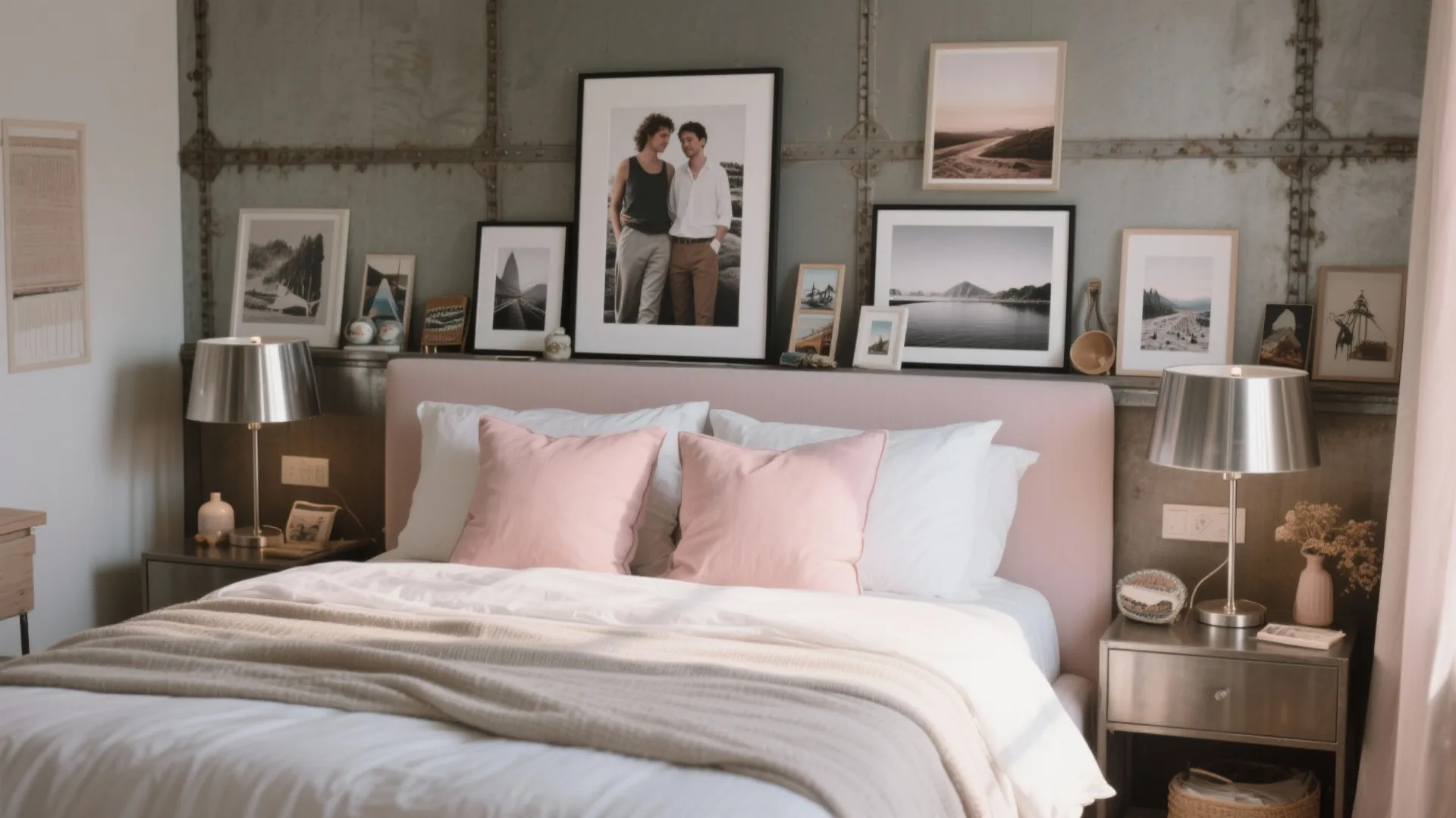 Couples’ bedroom combining industrial lamps and pastel cushions in harmony