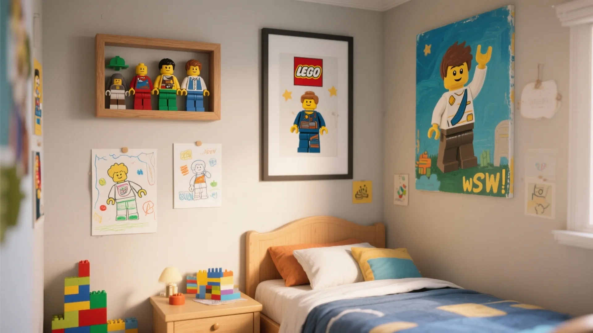 Small boys’ bedroom with custom Lego art and handmade decor