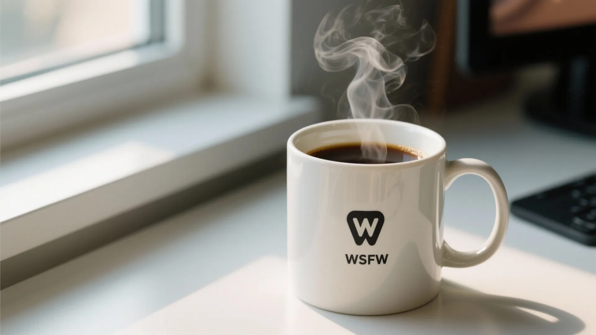 White ceramic mug with black logo filled with steaming coffee on desk near bright window