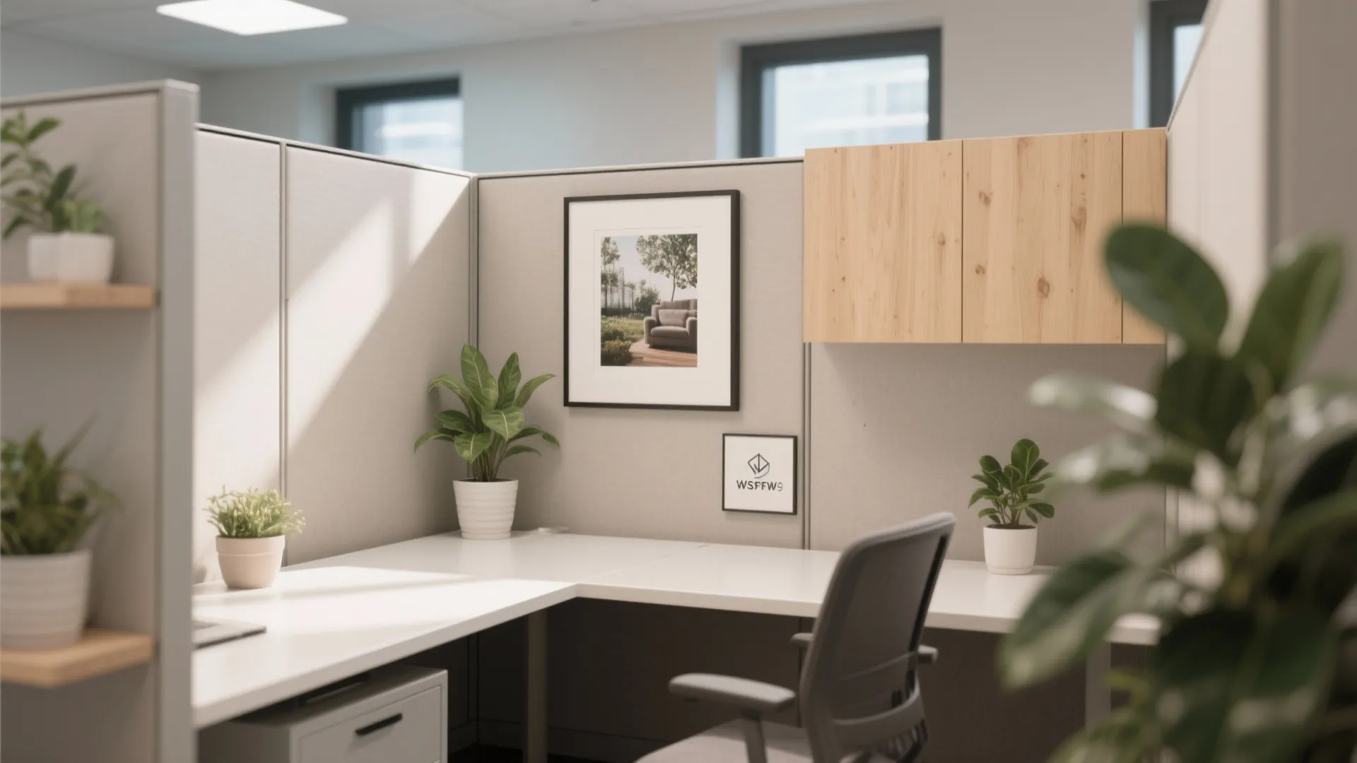 Modern office cubicle with white desk, grey chair, green plants, wooden cabinet and framed art