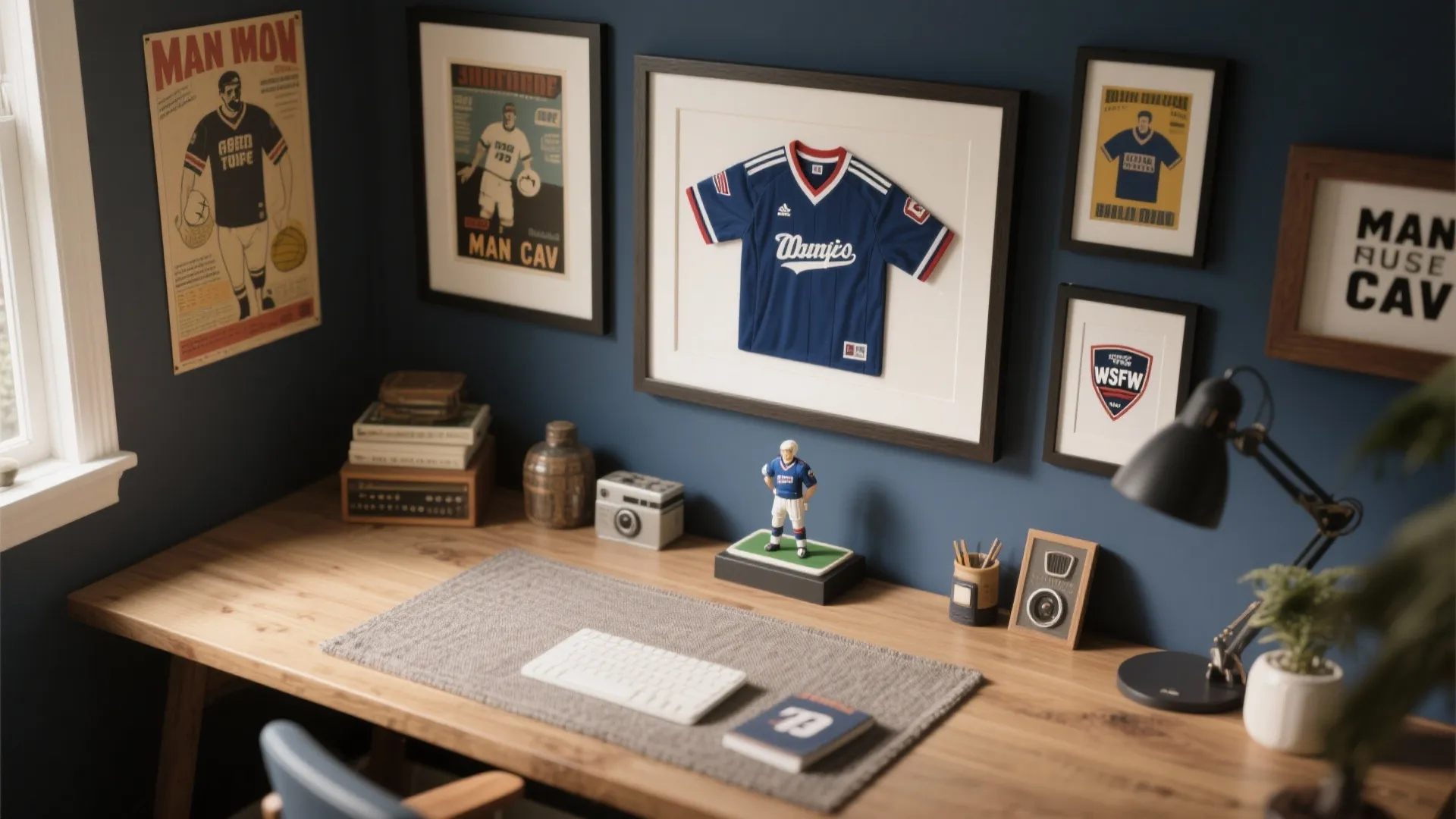 Flat lay of personalized decor items for a man cave office