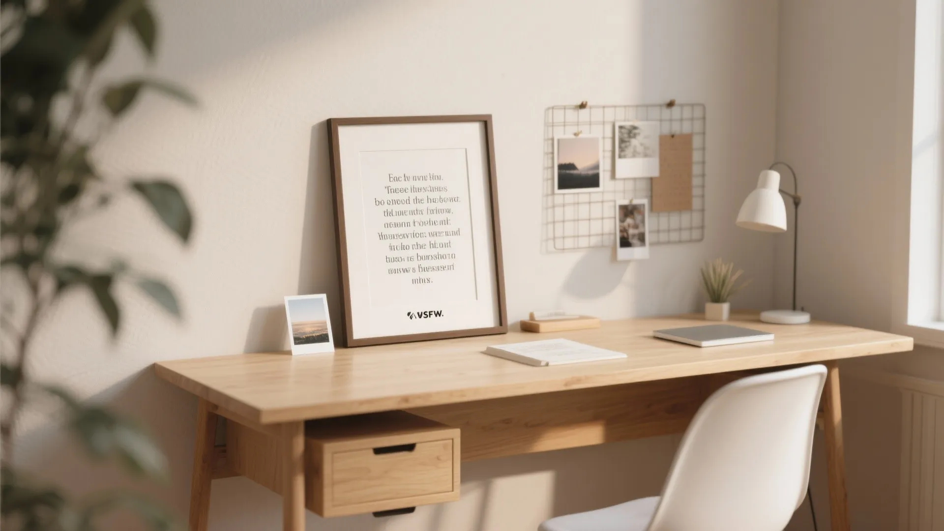 Wooden desk with a white chair and a picture frame leaning against the white wall