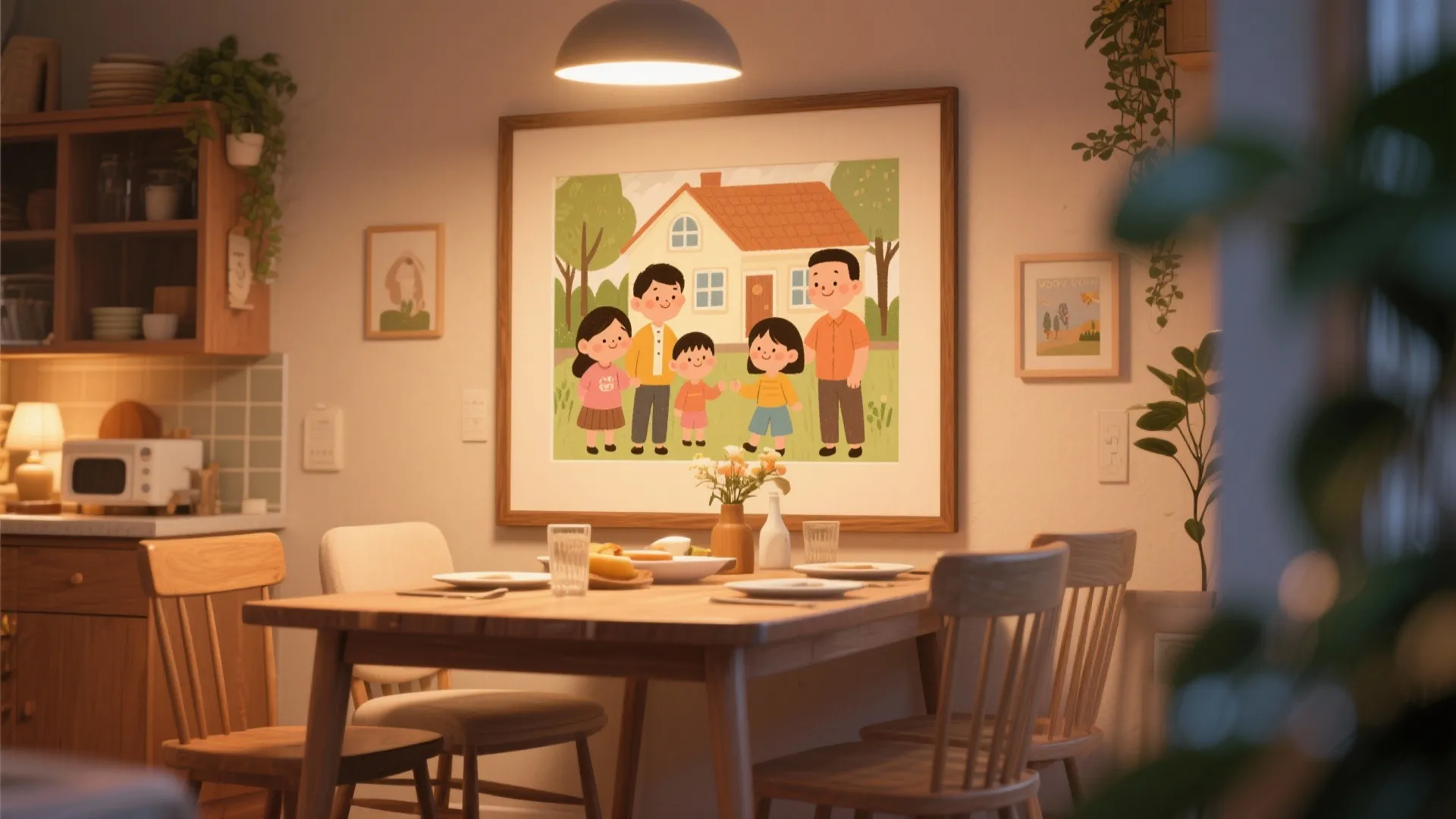 Cozy kitchen dining area with a family illustration wall art and wooden table and chairs