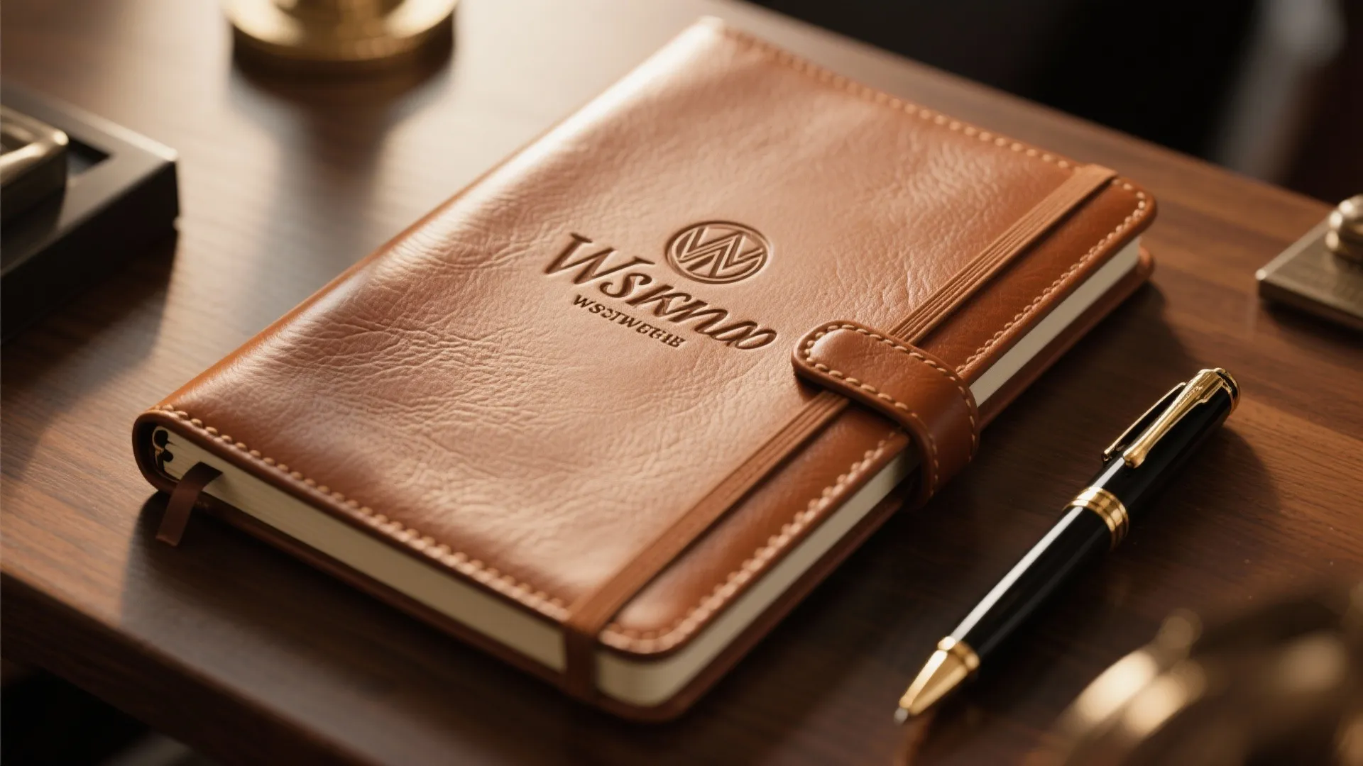 Leather-bound notebook with gold embossed name