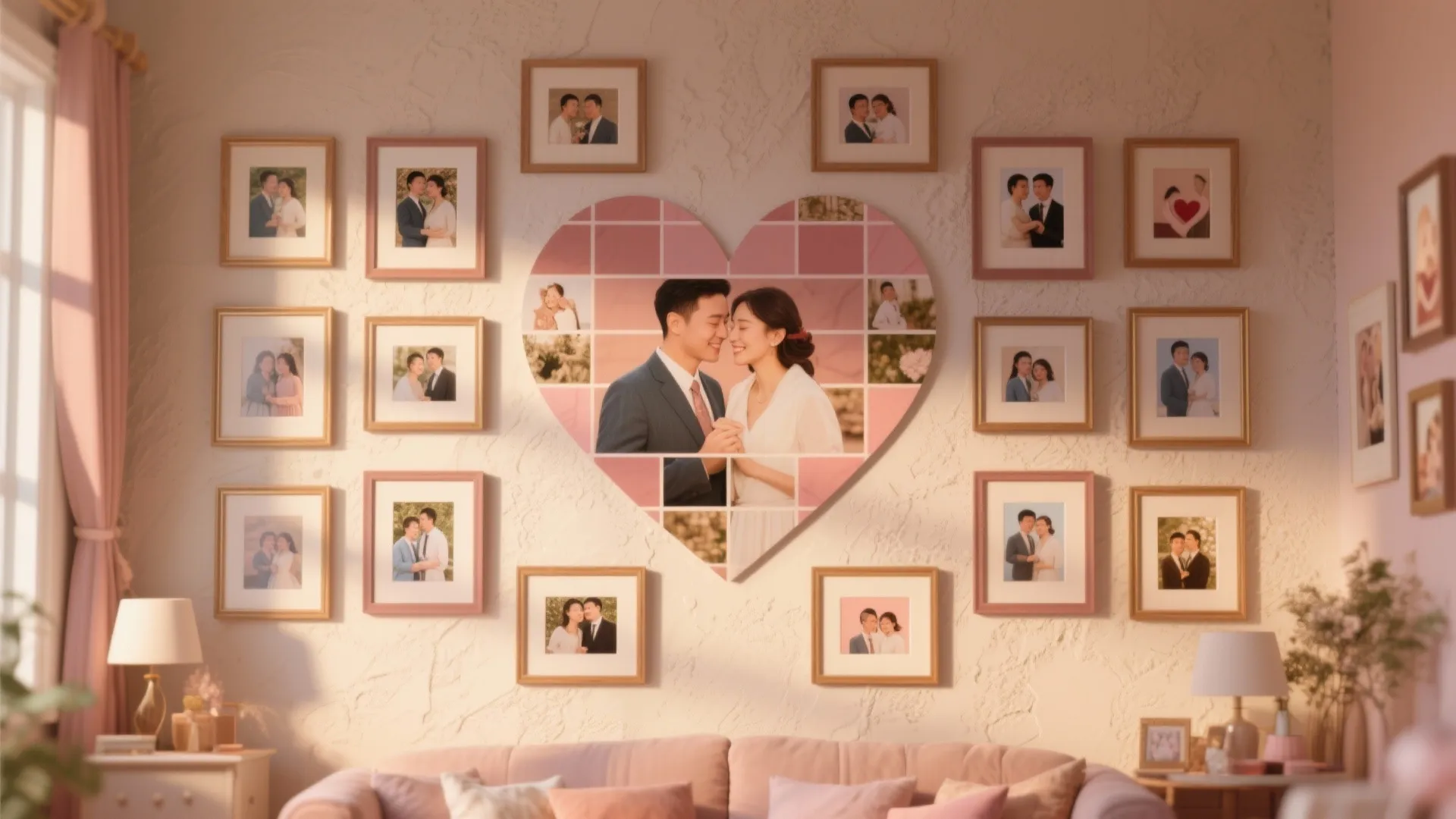 Framed couple photos arranged on a romantic memory wall