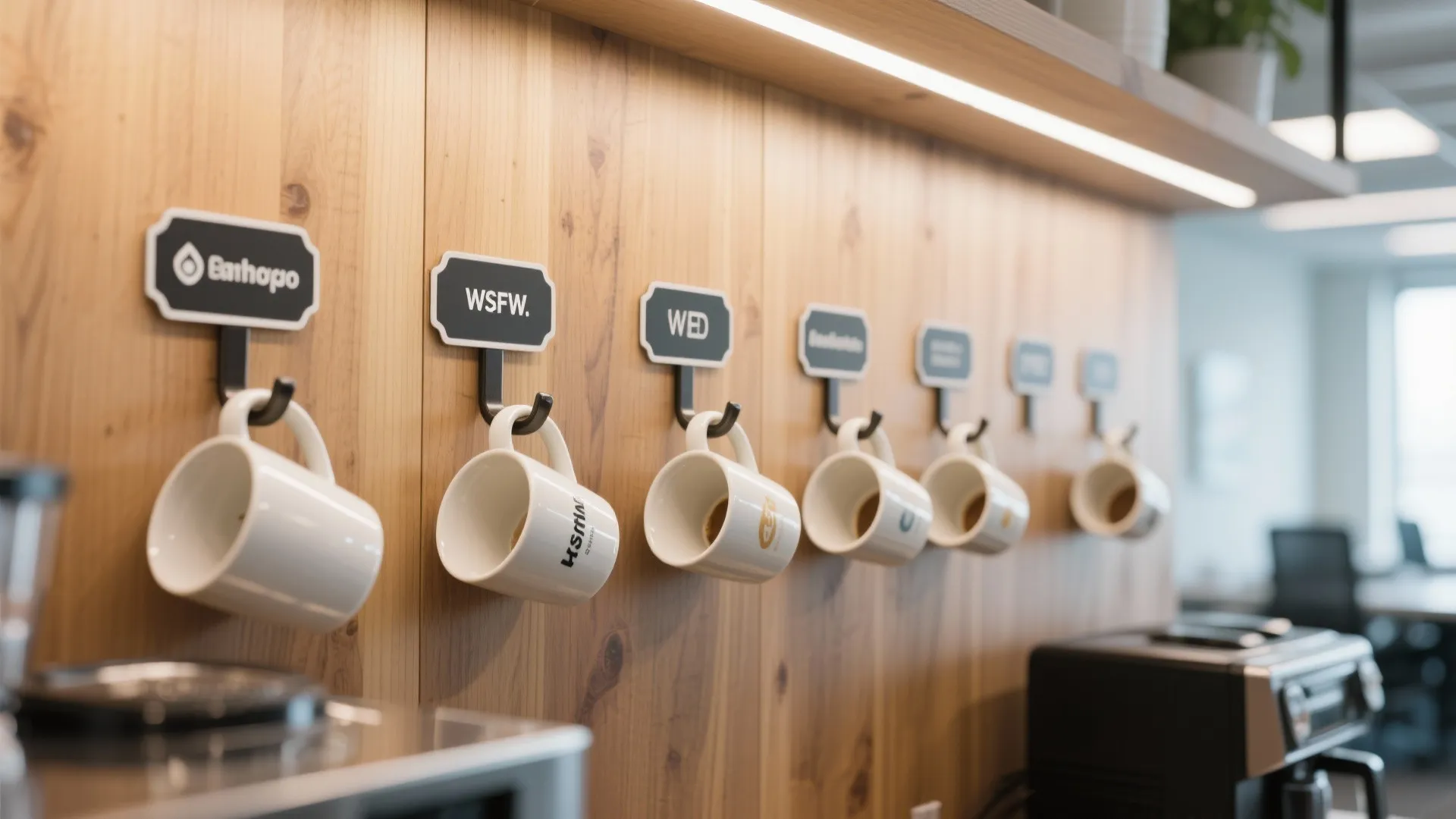 Row of white mugs hanging on black hooks with labels fixed to a wooden wall