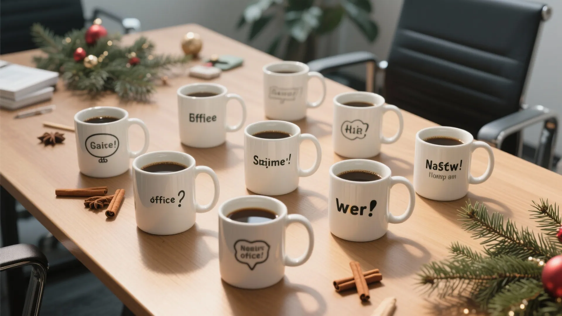 Row of white coffee mugs with black text on wooden table with holiday greenery decorations