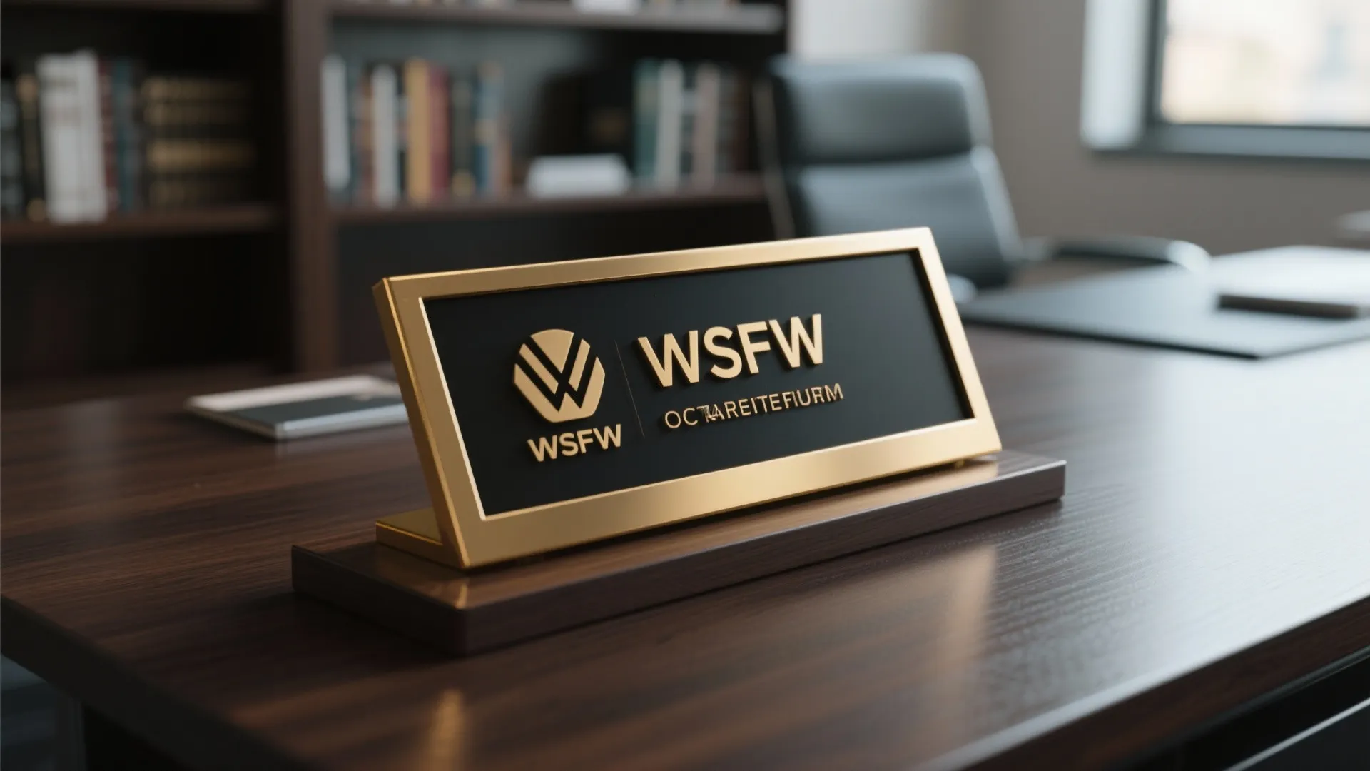 Brass and black engraved desk name plate on wooden desk