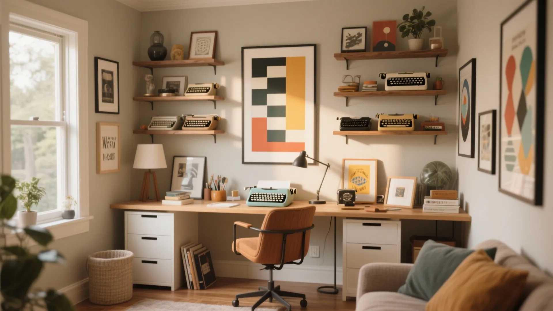 Home office with artwork and vintage typewriter collection for inspiration