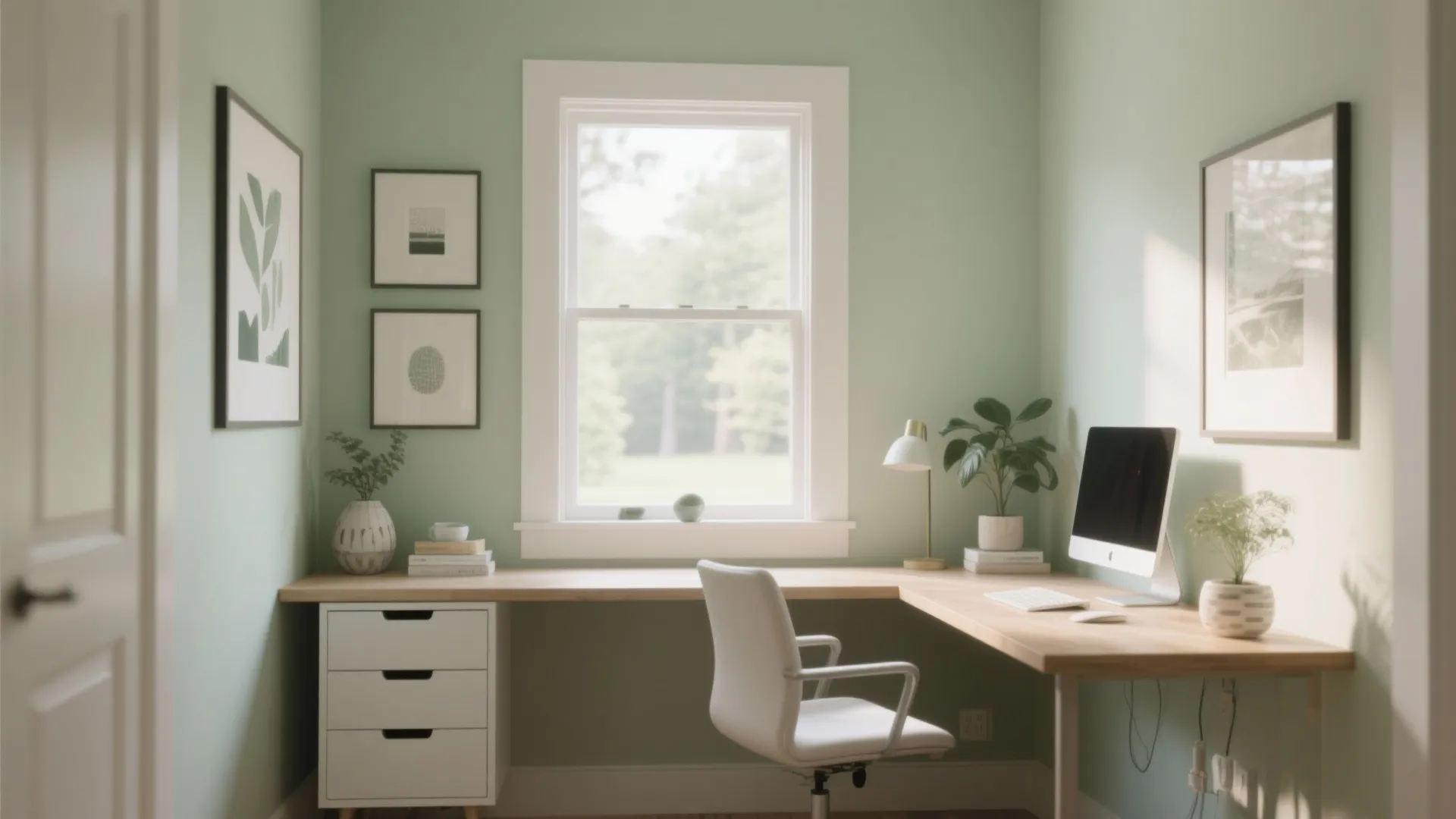 Bright corner home office with mint green walls white chair wooden desk and large window