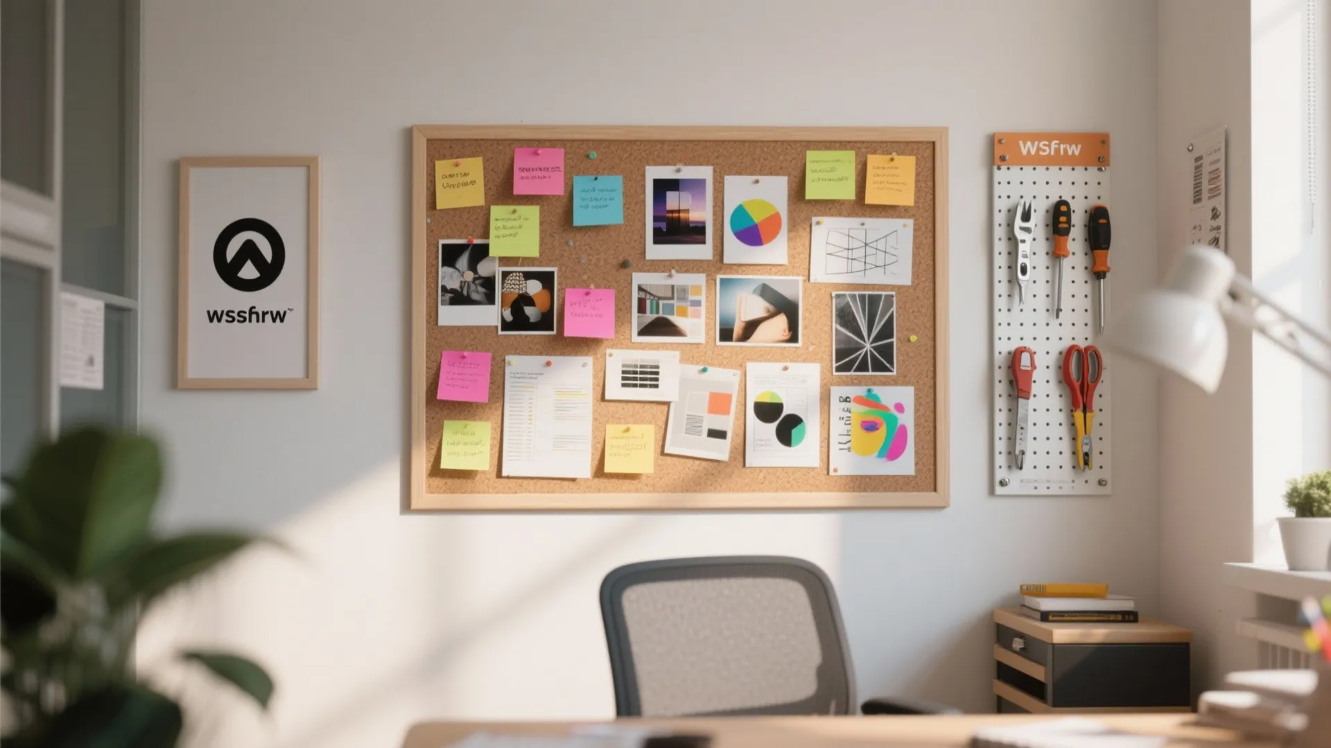 Notice board in a small office with photos and notes