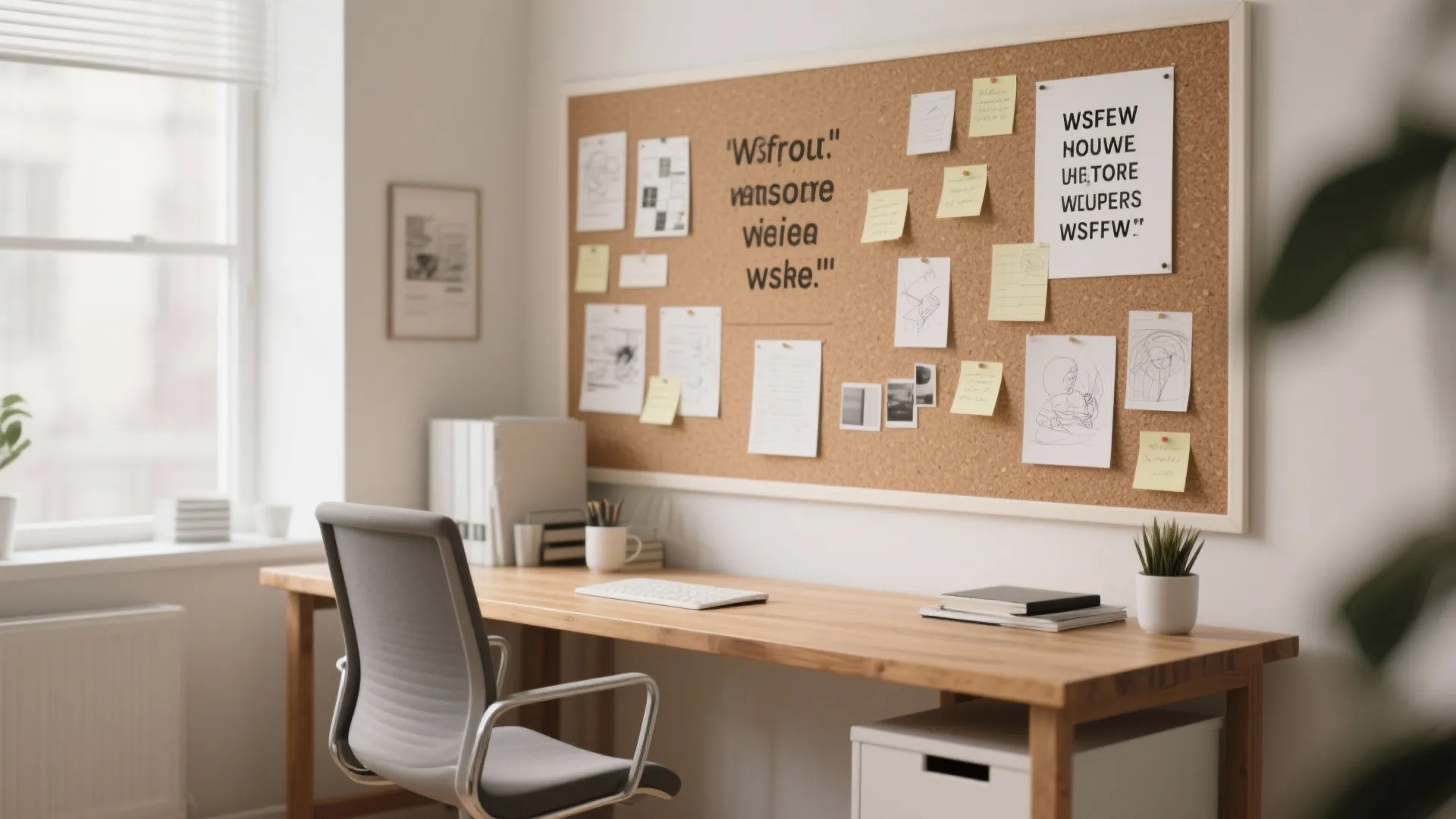 Home office with wooden desk grey chair and large cork board with notes and sketches