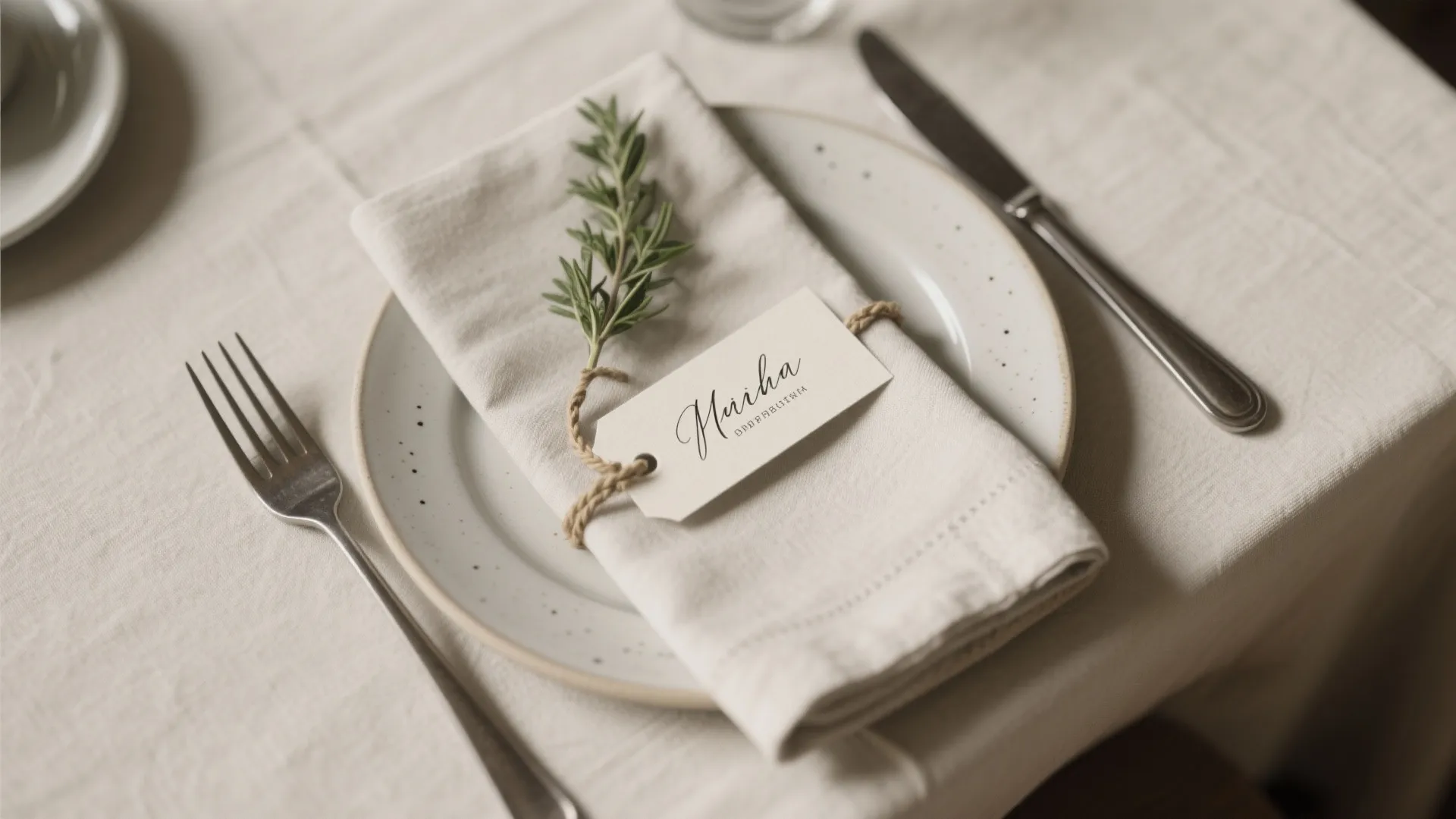 Elegant dining table setting with white plate linen napkin name card and fresh green herb
