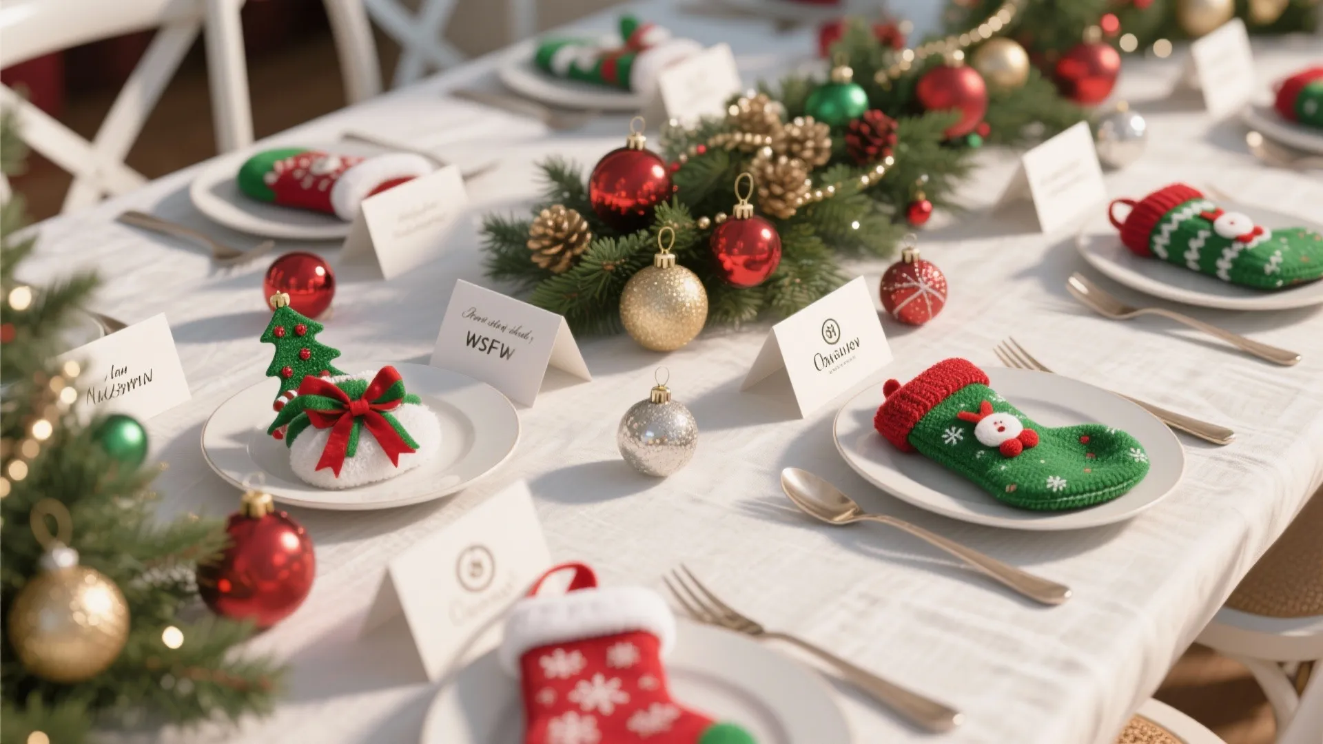 Christmas table setting with white plates small stockings name cards red ornaments and green greenery