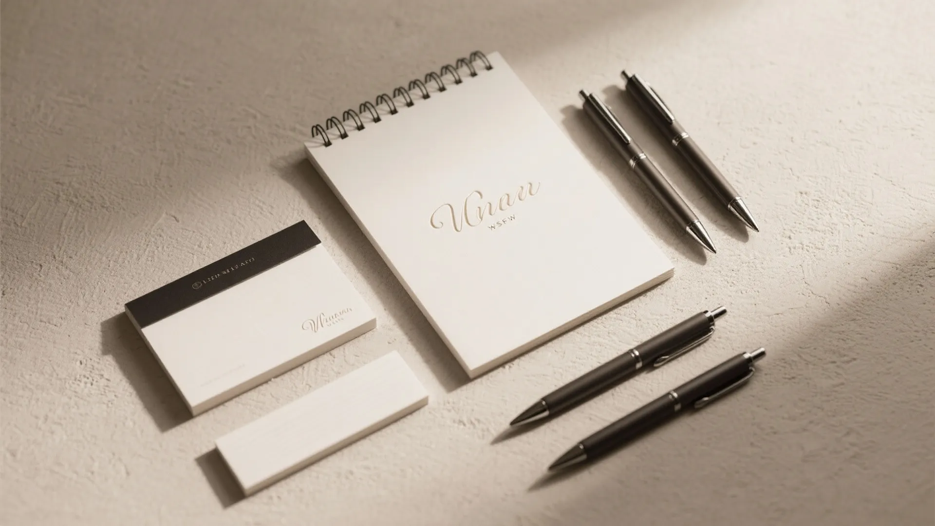 Minimalist stationery set including white notebook black pens and business cards on a textured surface