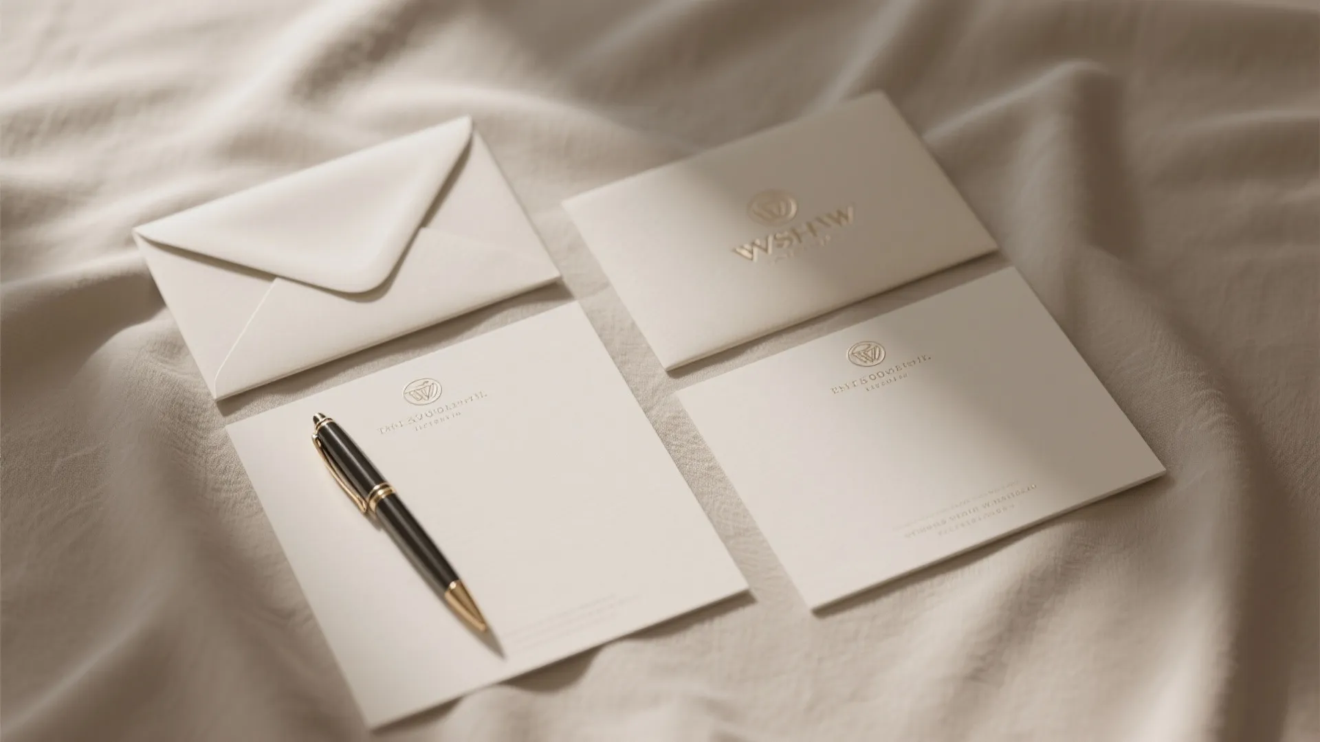 Elegant white personalized stationery set with two envelopes a gold pen and two paper cards