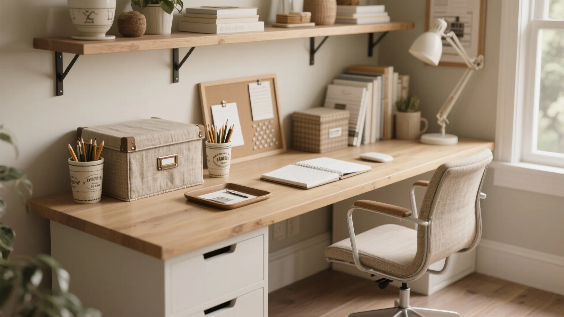 Clean wooden desk with storage boxes cork board notebooks and desk chair in natural light