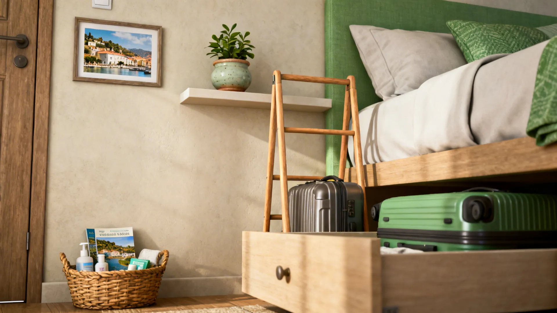 Guest room with framed local photo, plant, luggage rack and basket of toiletries.
