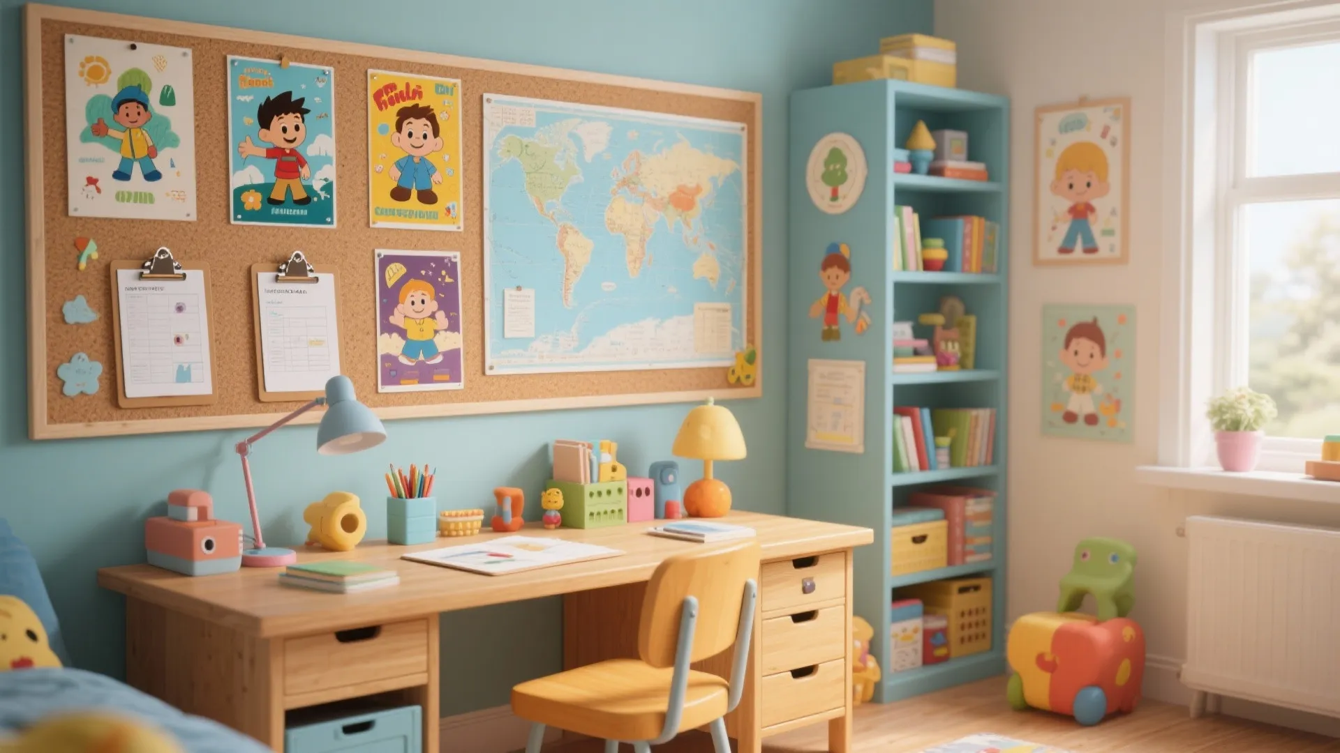 Kids study area featuring a world map cork board blue bookshelf and small wooden chair