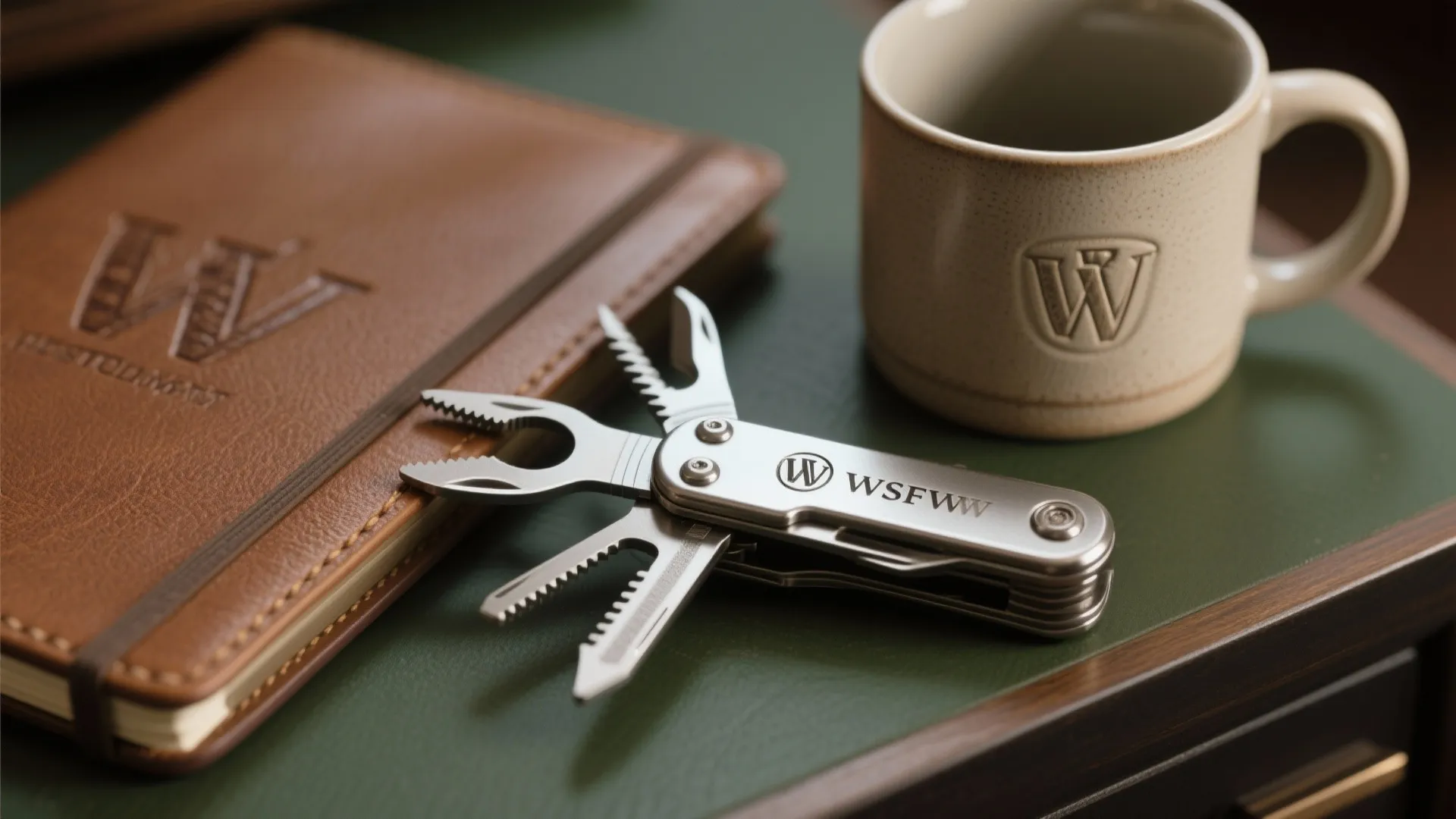 Silver multi-tool placed on green desk beside brown leather notebook and a cream ceramic mug