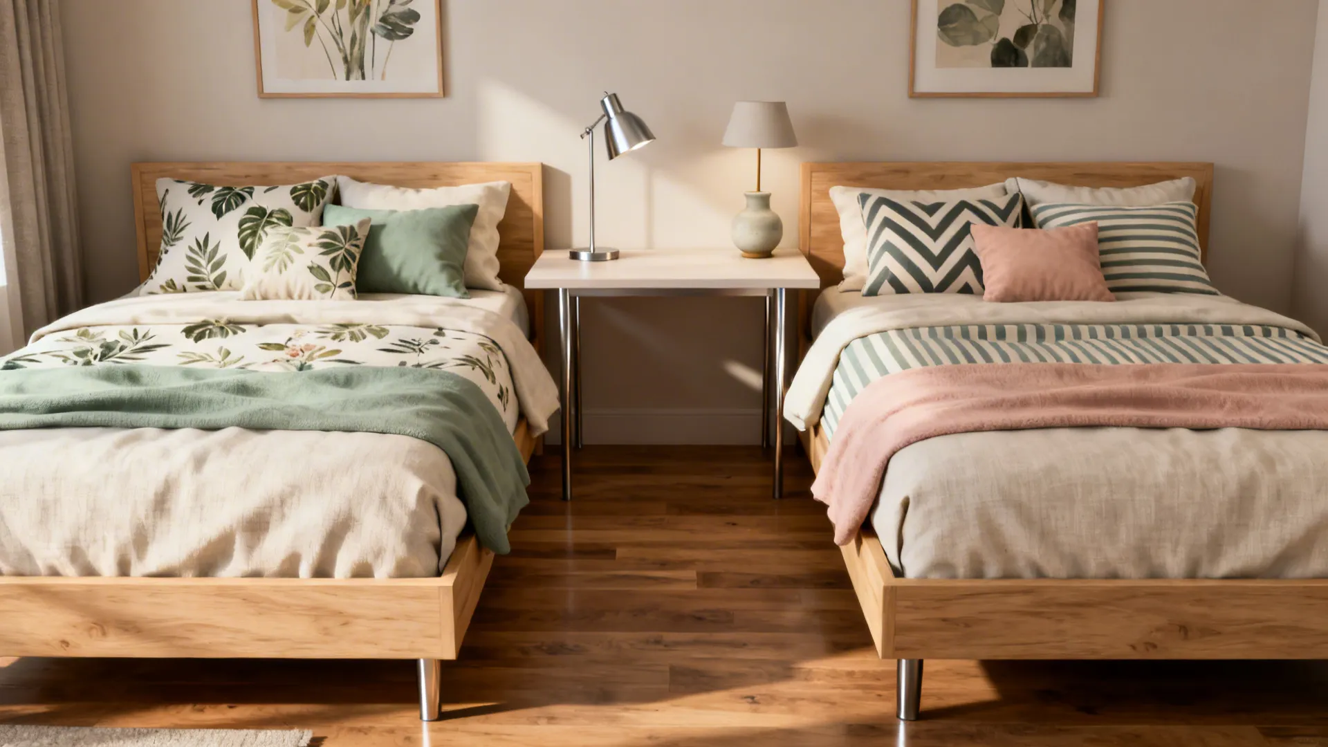 Symmetric twin beds with personalized textiles and art for each sister.