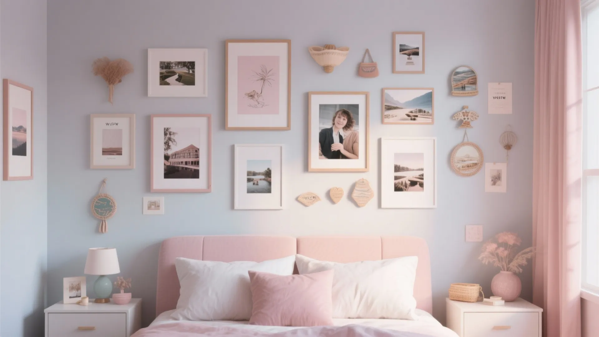 Pink bedroom wall decorated with gallery of framed pictures and small craft items above bed