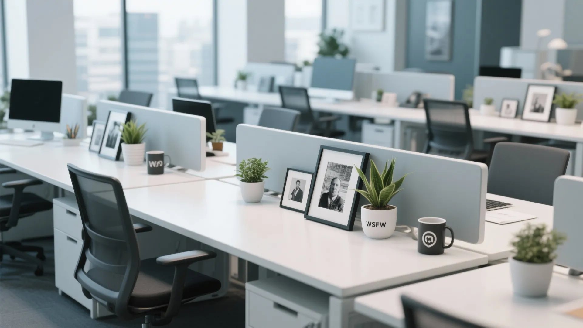 Row of white office desks featuring grey chairs, small plants, picture frames, and coffee mugs