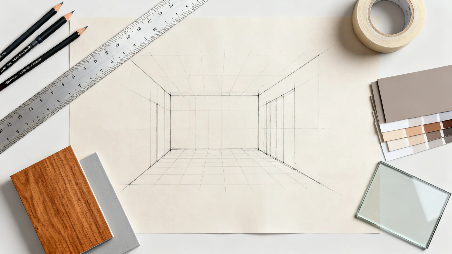 Top-down flat lay of drafting tools and material swatches for two-point perspective interior sketches.
