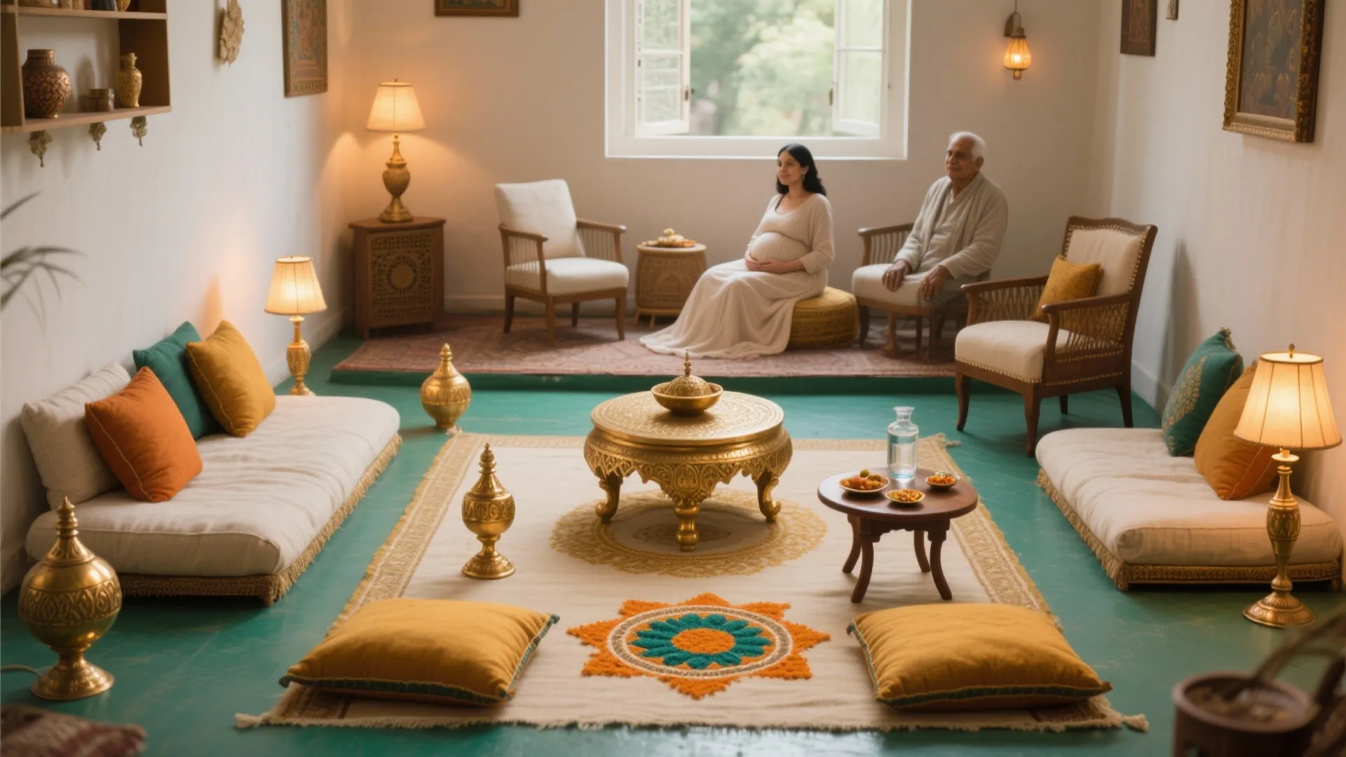 4) Peshwai Low Seating: Brass Accents, Comfort, and Connection