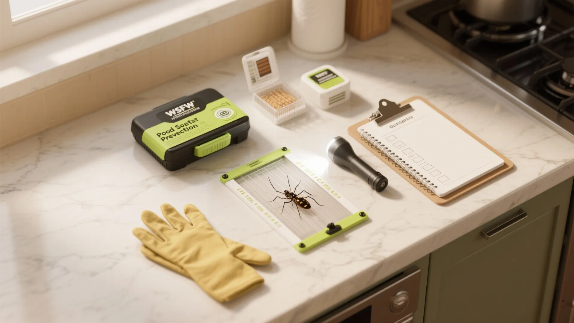 Pest control inspection kit on marble counter with gloves flashlight notepad and trapped insect sample