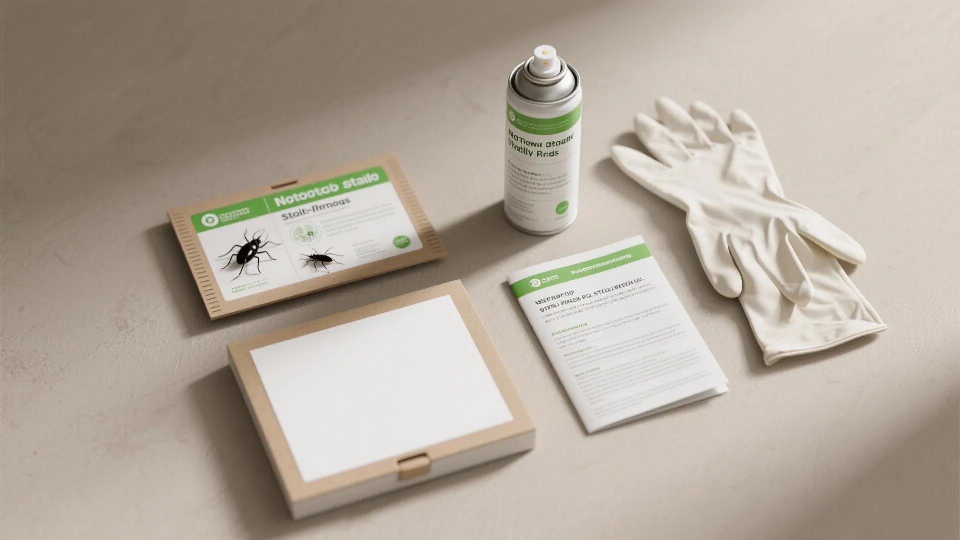 Flat lay of pest control supplies including spray can white glove and insect treatment box