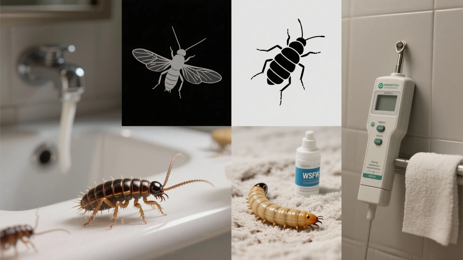 Collage showing various household pests near a sink and wall with pest control tools and products