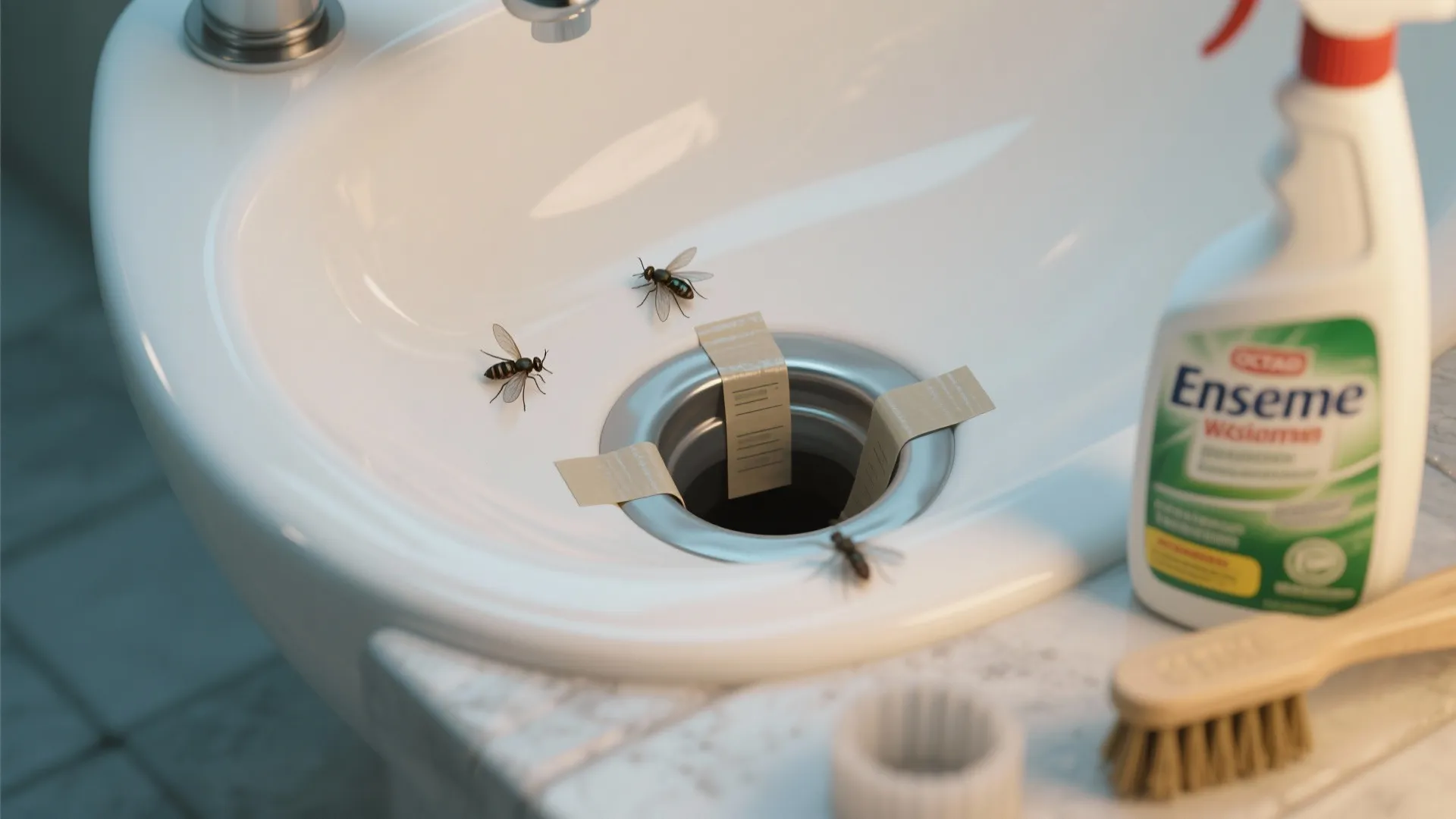 White bathroom sink with flies near drain showing cleaning spray bottle and small wooden brush